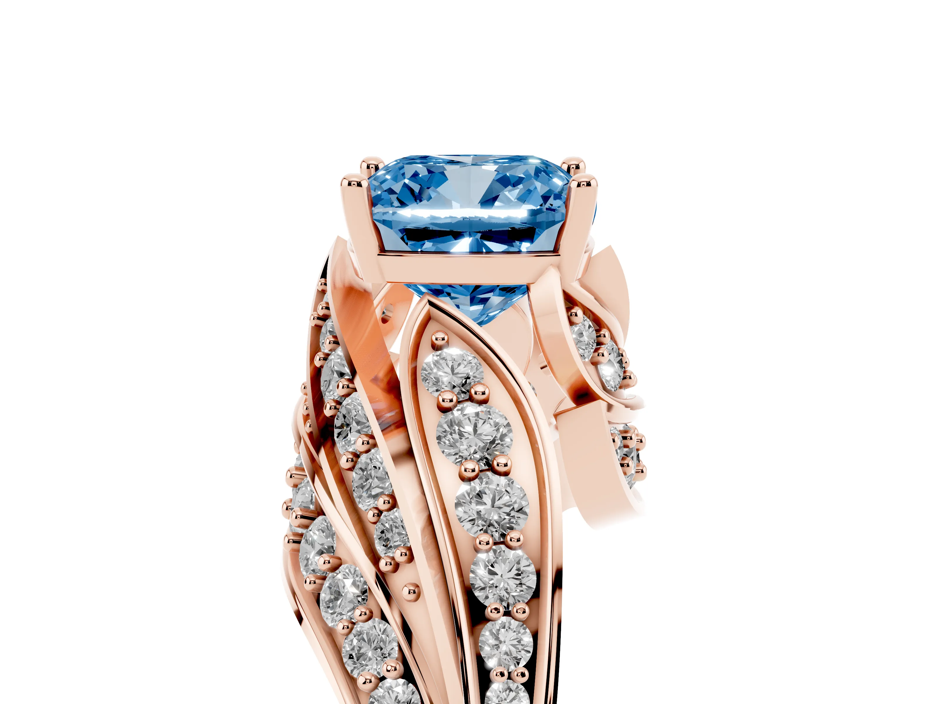 Fancy Blue Cushion Cut Diamond Solitaire Ring Set in Rose gold with Layered Twist Pavé Band
