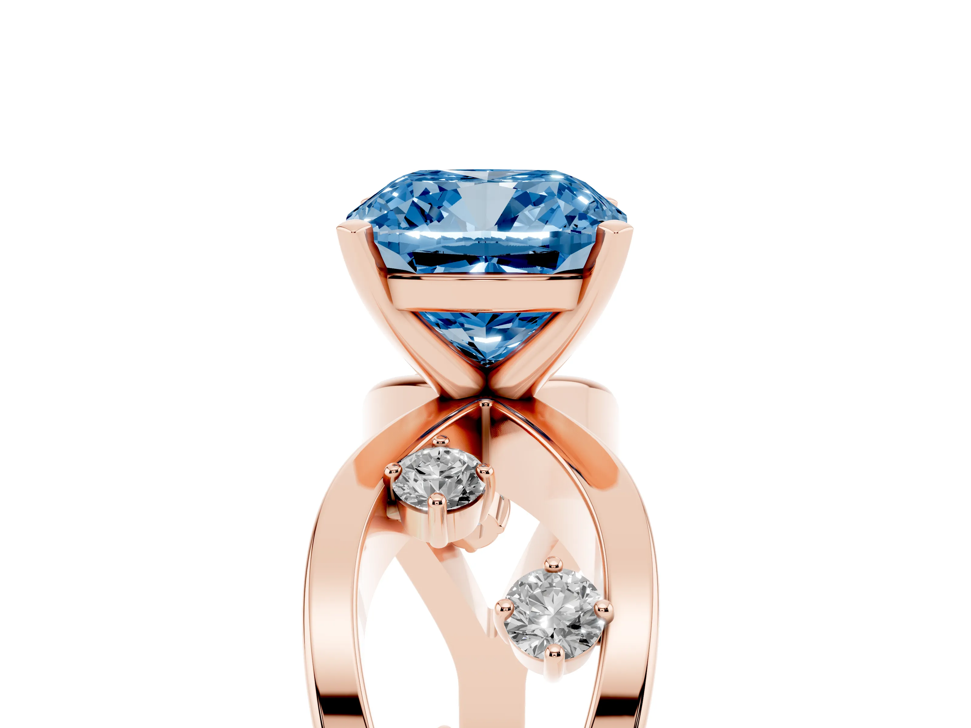 Fancy Blue Cushion Cut Diamond Solitaire Ring Set in Rose gold with Side Stones on Criss-Cross Band and Prong Setting