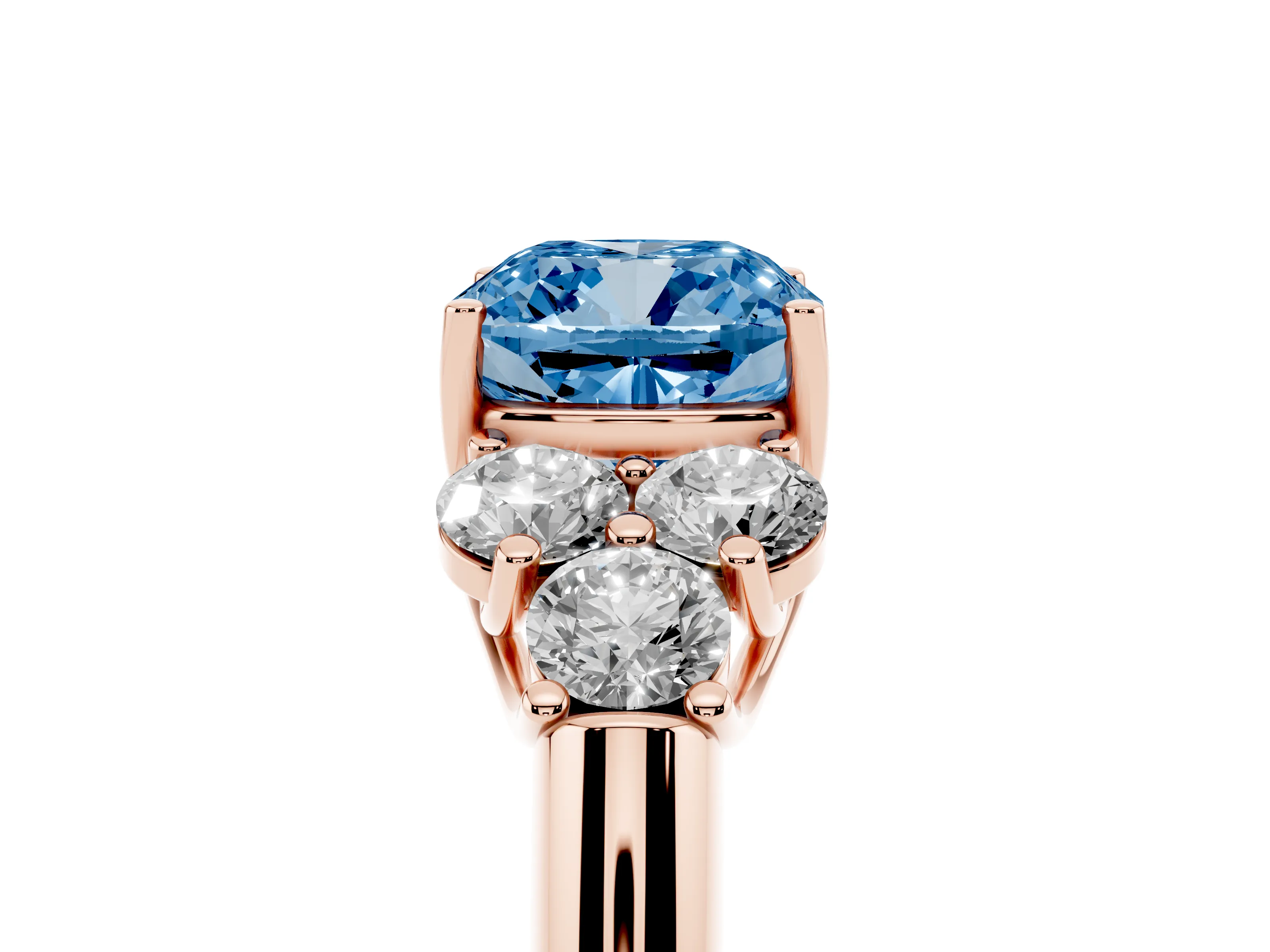 Fancy Blue Cushion Cut Diamond Cluster Ring Set in Rose gold with Round Accent Stones and Prong Setting on a Plain Band