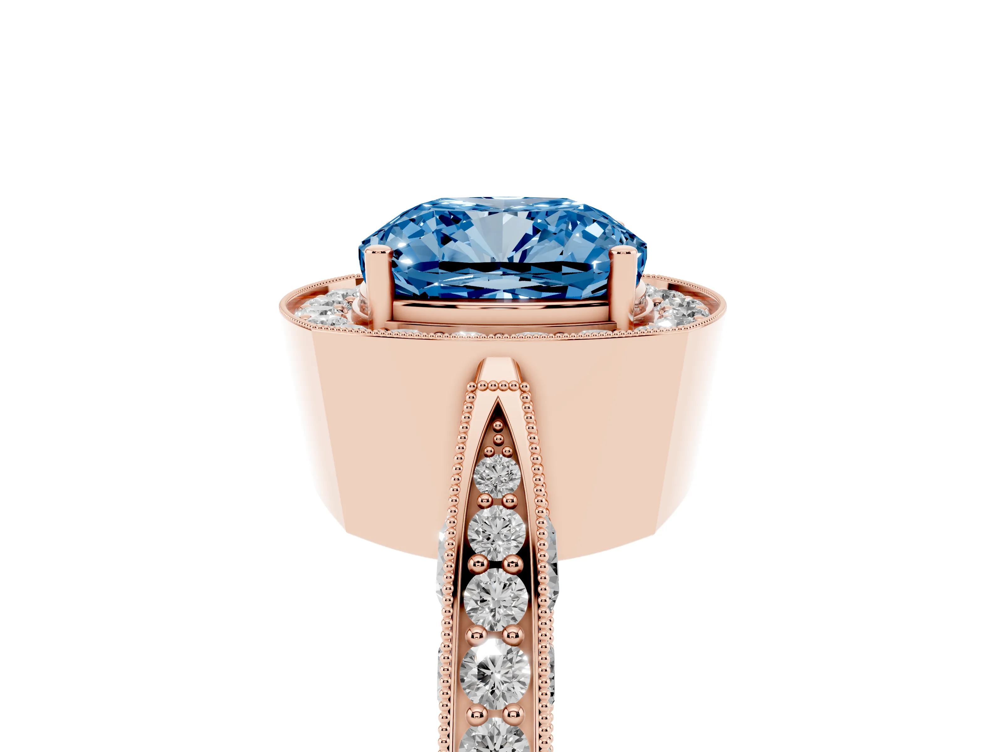 Fancy Blue Cushion Cut Diamond Halo Engagement Ring Set in Rose gold with Accent Split Shank Band
