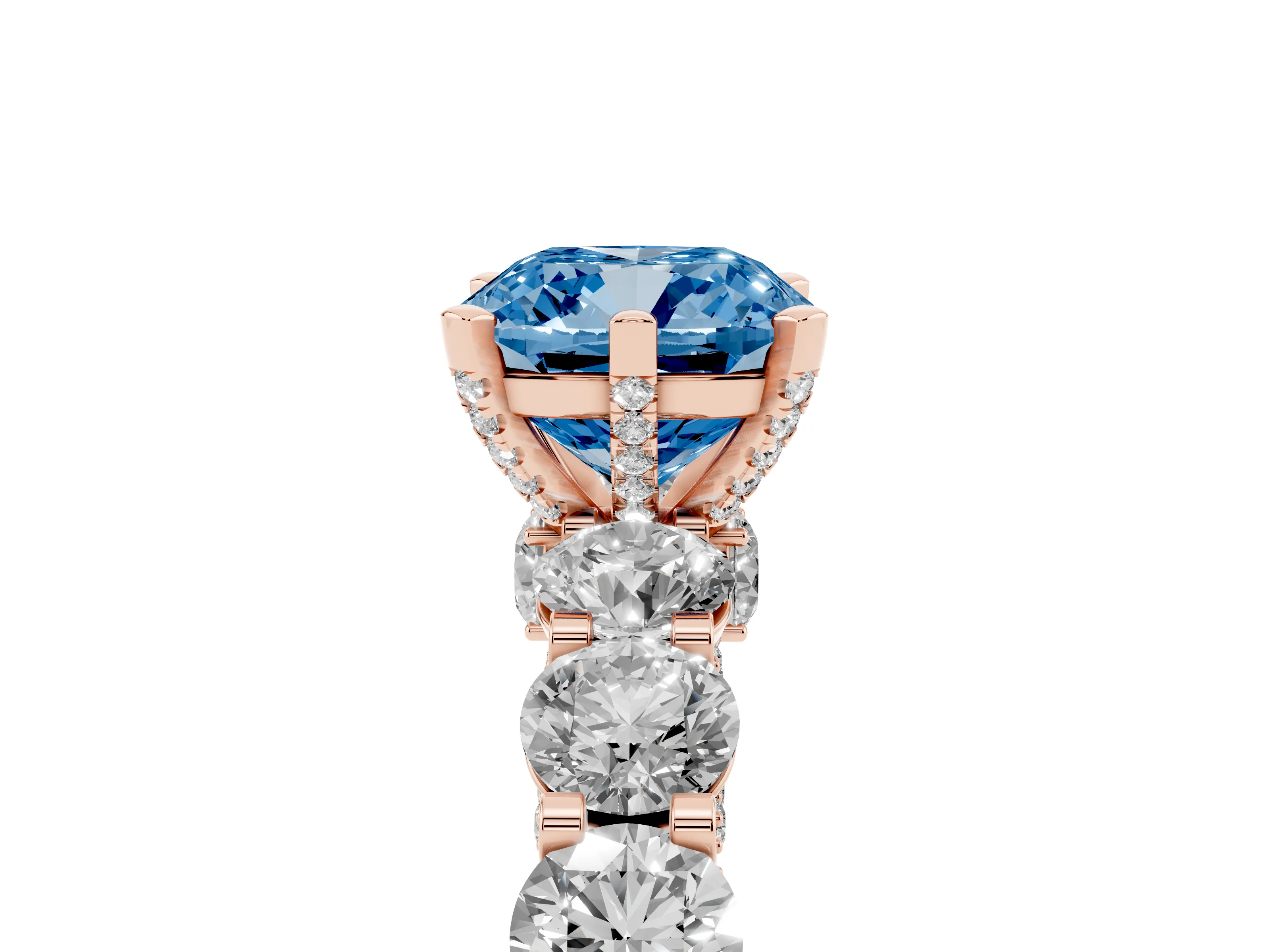 Fancy Blue Cushion Cut Diamond Side Stone Ring Set in Rose gold with Alternating Round and Oval Side Stones