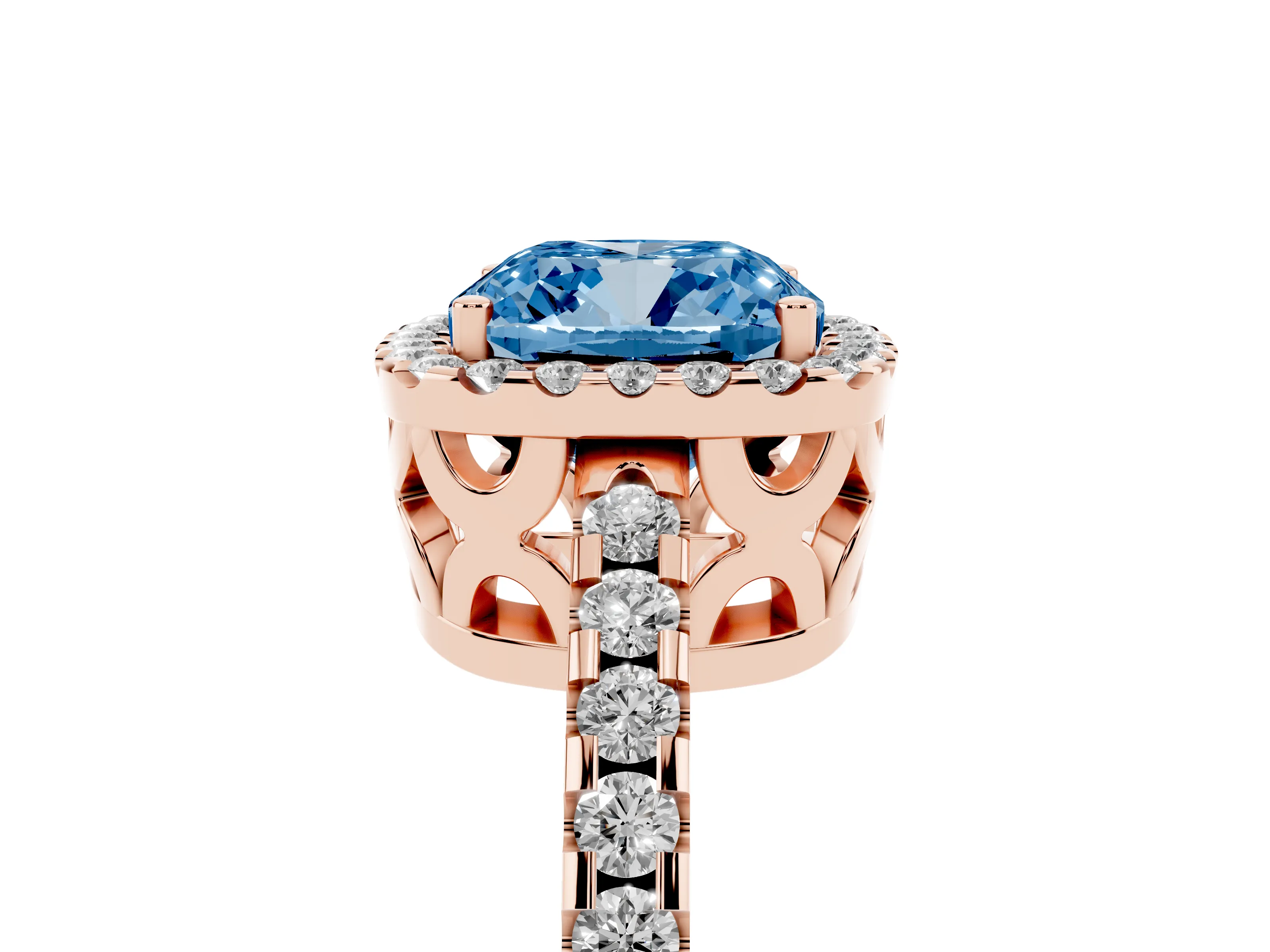 Fancy Blue Cushion Cut Diamond Halo Ring Set in Rose gold with Pavé Shoulders and Halo-Framed Center