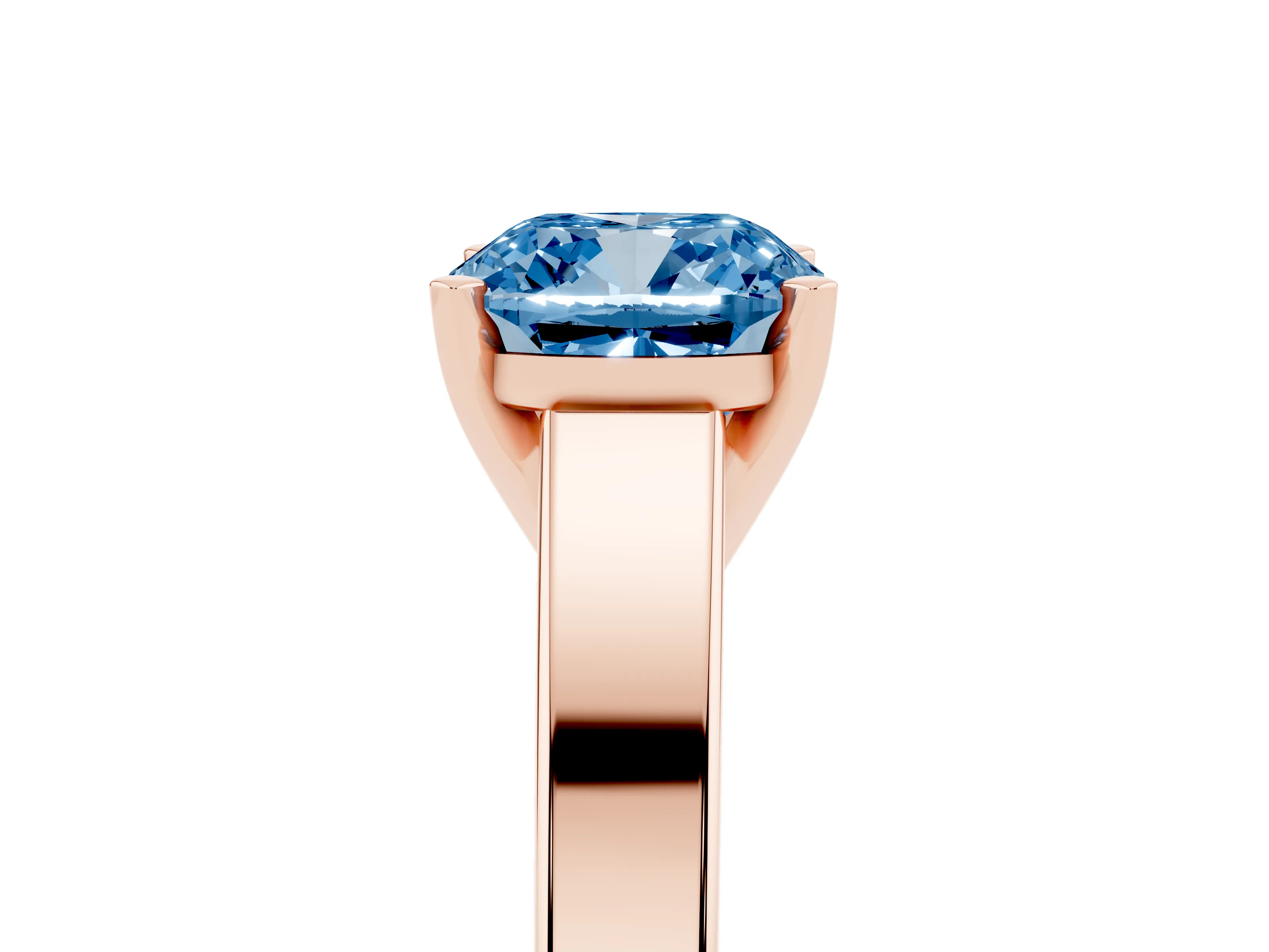Fancy Blue Cushion Cut Diamond Solitaire Engagement Ring Set in Rose gold with Prong Setting and Tapered Band