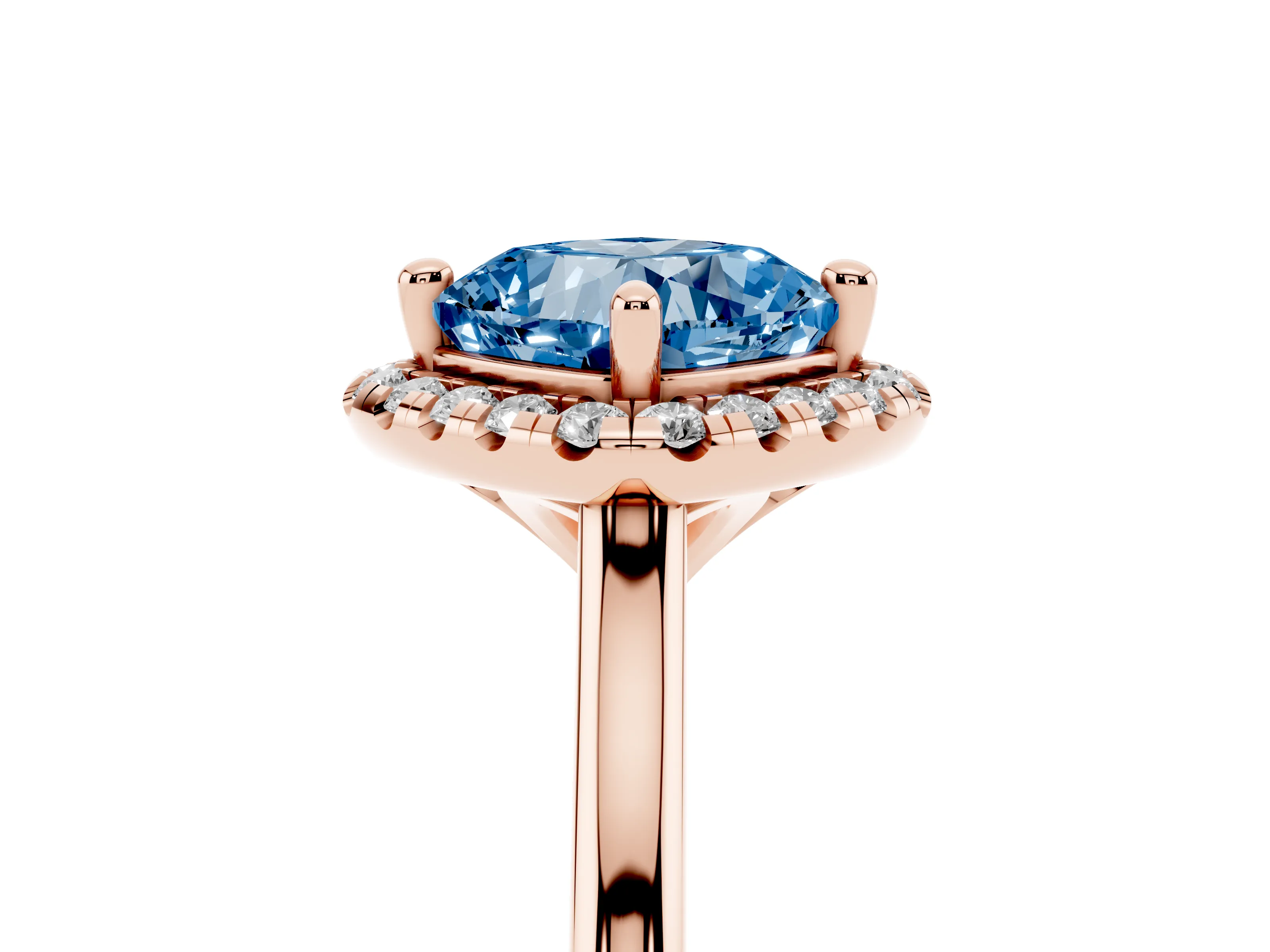 Fancy Blue Cushion Cut Diamond Halo Engagement Ring Set in Rose gold with Pavé Band and Rising Shoulders