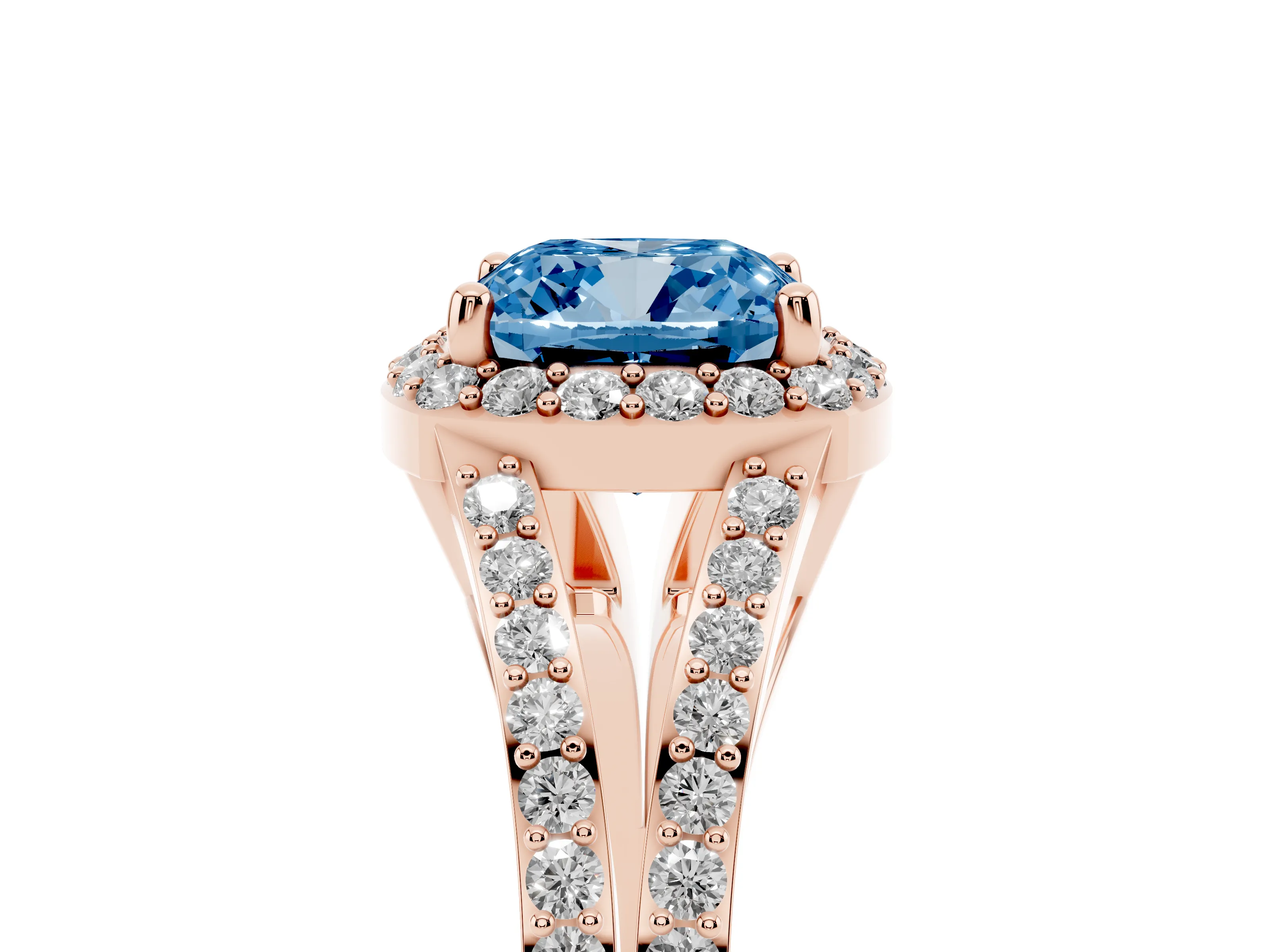 Fancy Blue Cushion Cut Diamond Halo Split Shank Ring Set in Rose gold with Accent Stones and Prong Setting
