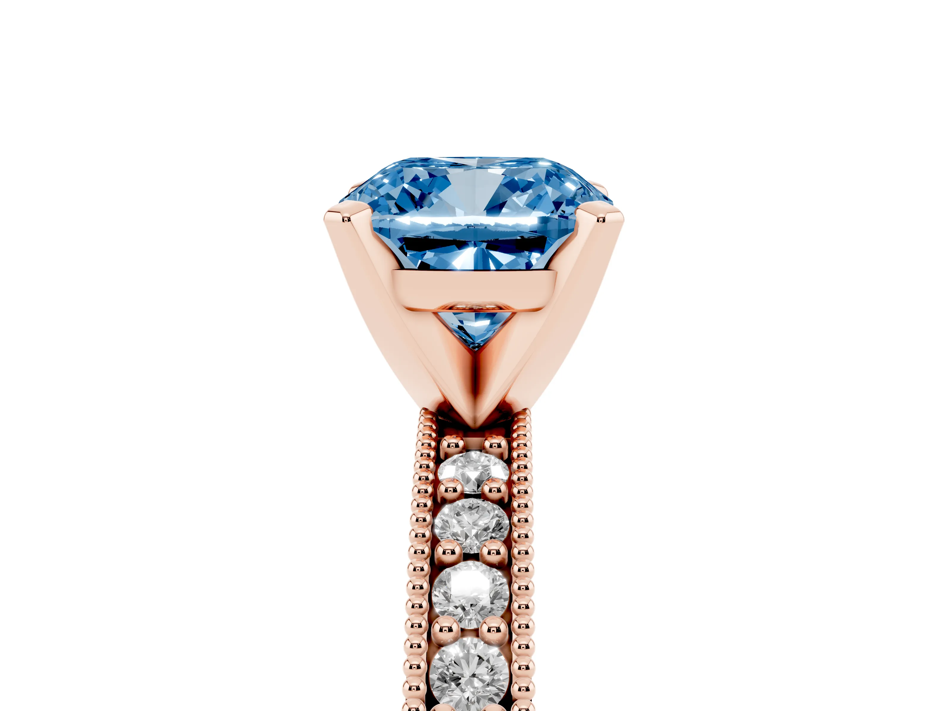 Fancy Blue Cushion Cut Diamond Milgrain Pavé Engagement Ring Set in Rose gold with Prong Setting