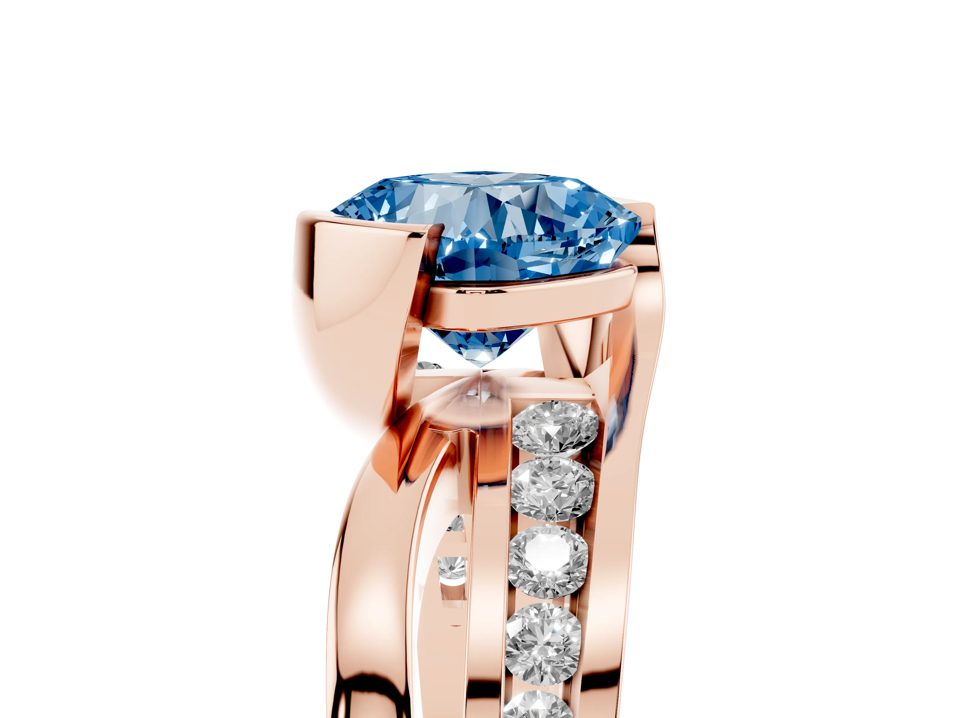Fancy Blue Cushion Cut Diamond Solitaire Ring Set in Rose gold with Channel Set Split Shank and Tension Prongs