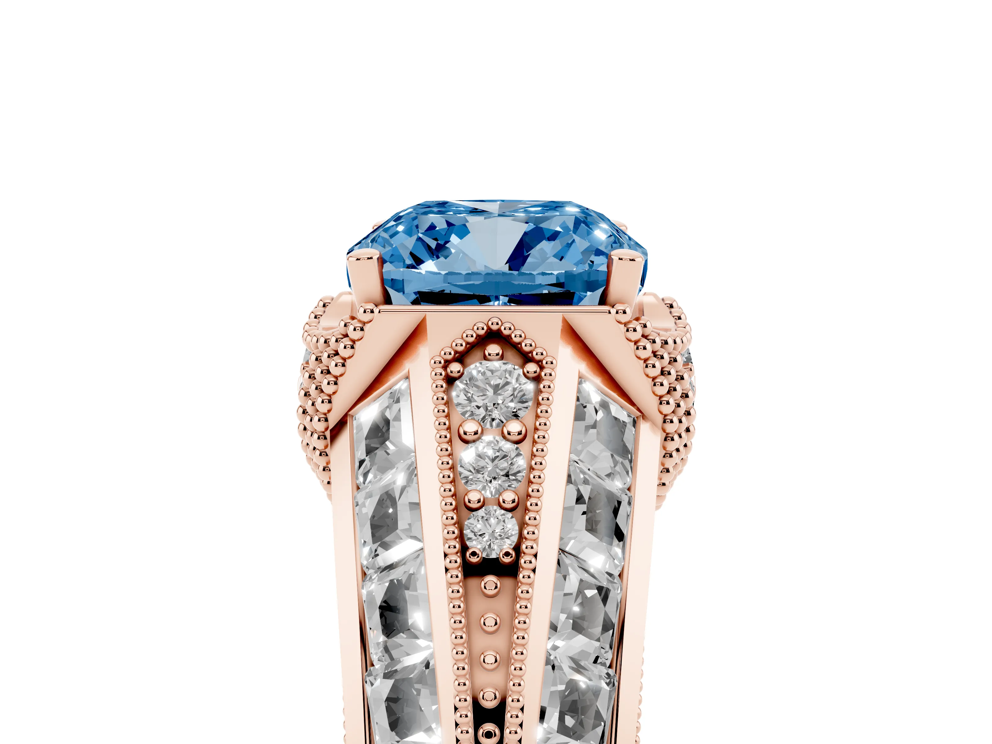Fancy Blue Cushion Cut Diamond Vintage-Inspired Milgrain Ring Set in Rose gold with Accent Split Shank