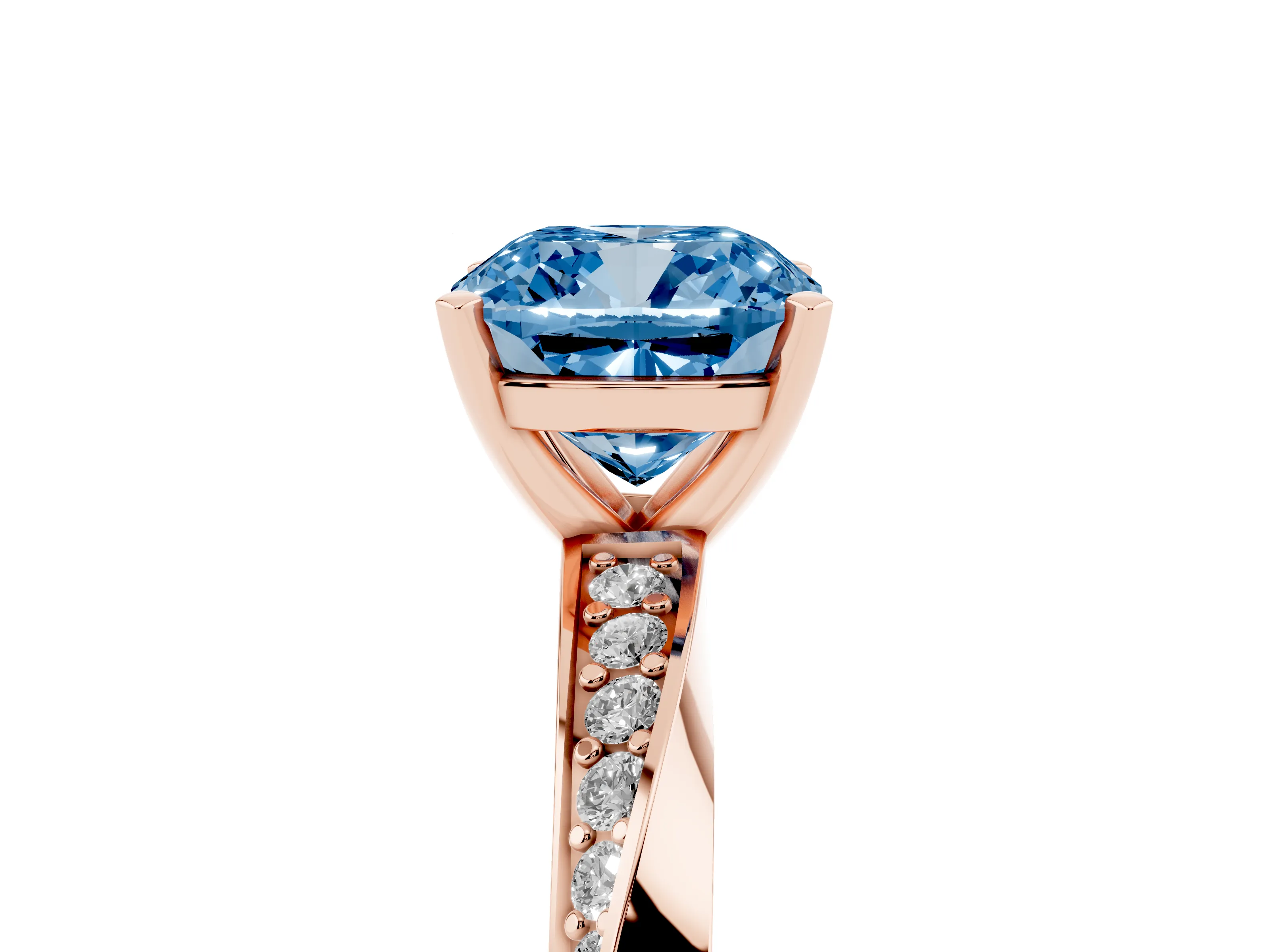 Fancy Blue Cushion Cut Diamond Engagement Ring Set in Rose gold with Side Stone Accents and Prong Setting