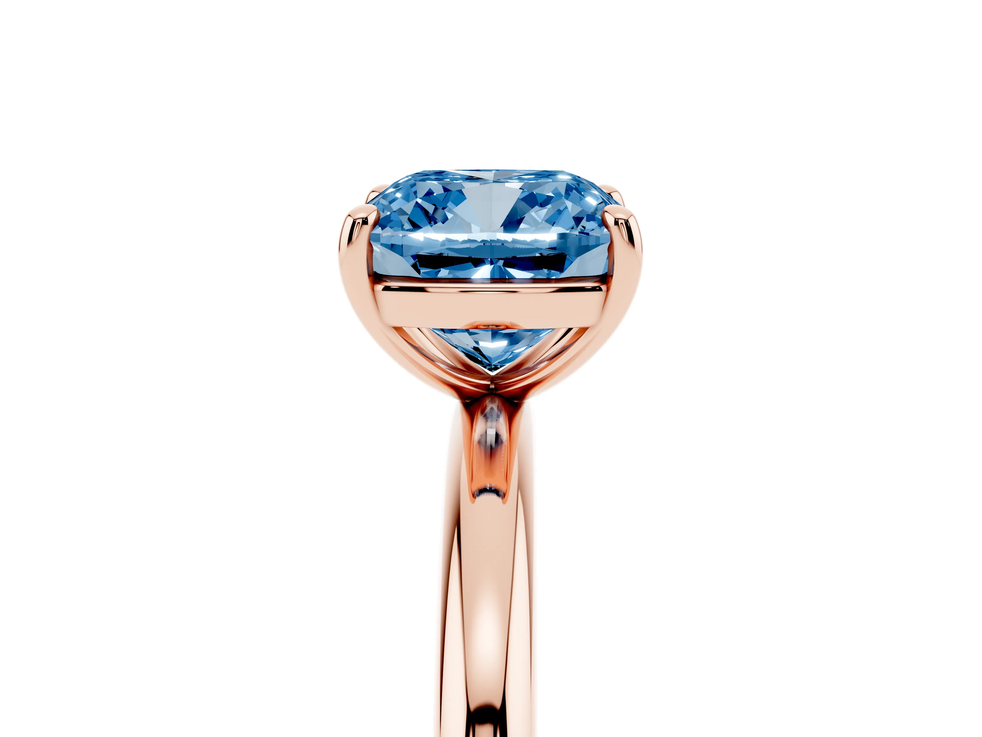 Fancy Blue Cushion Cut Diamond Solitaire Ring Set in Rose gold with Prong Setting on a Polished Plain Band
