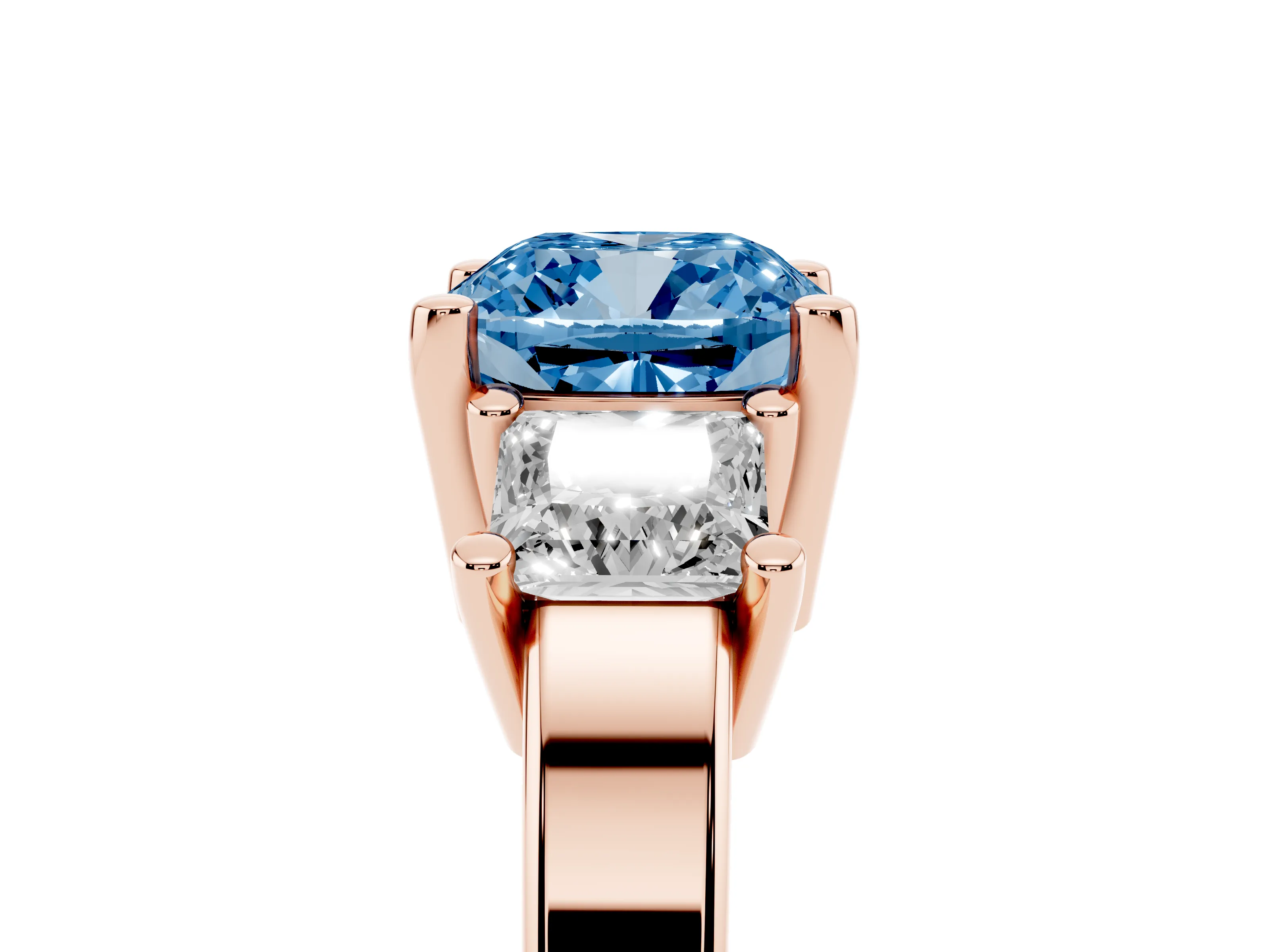 Fancy Blue Three-Stone Cushion Cut Diamond Solitaire Ring Set in Rose gold with Prong Setting
