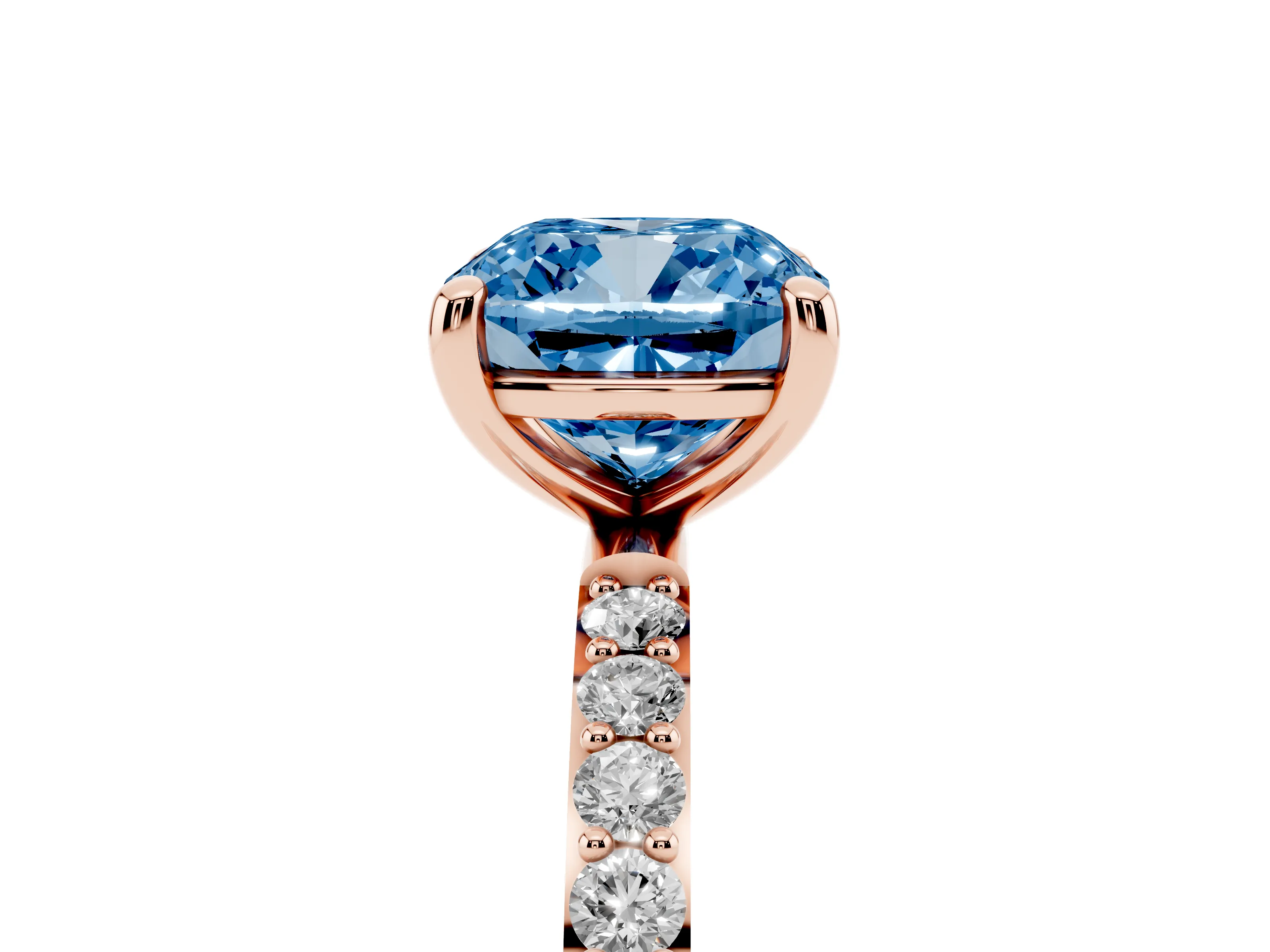 Fancy Blue Cushion Cut Diamond Solitaire Ring Set in Rose gold with Round Pavé Band and Prong Setting