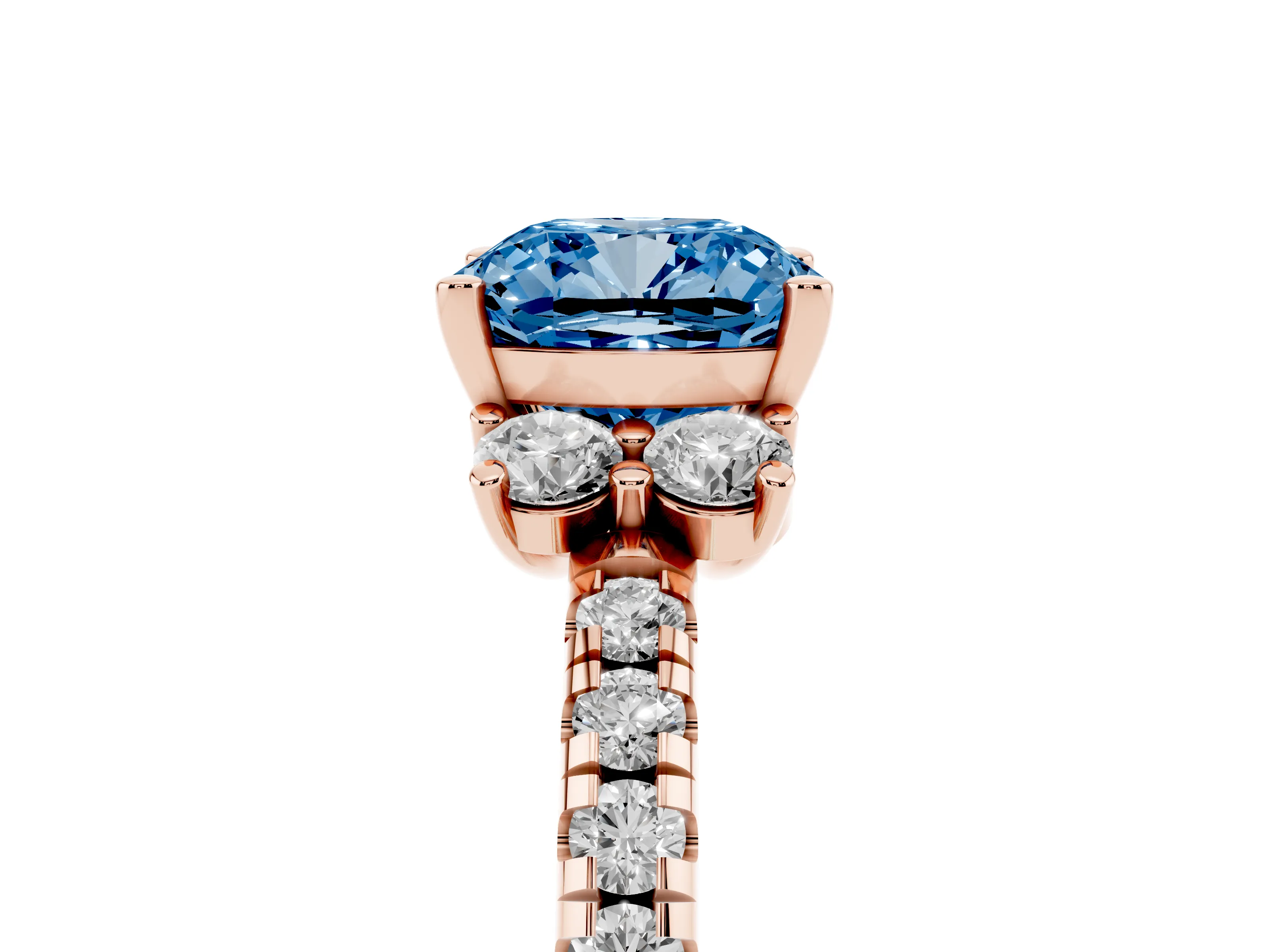 Fancy Blue Cushion Cut Diamond Three-Stone Pavé Ring Set in Rose gold with Prong Setting
