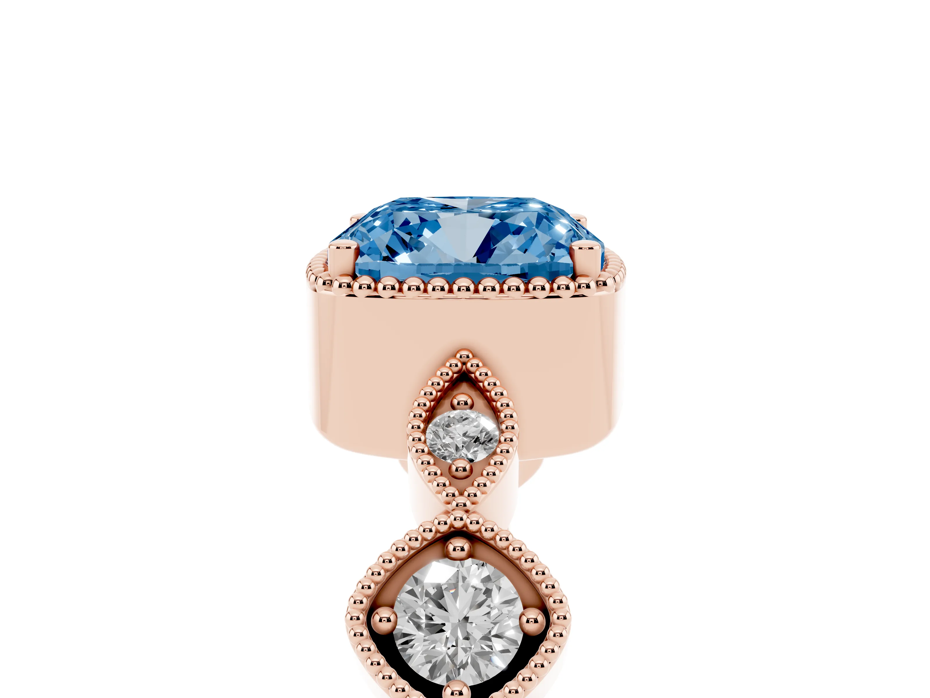 Fancy Blue Cushion Cut Diamond Vintage-Inspired Milgrain Ring Set in Rose gold with Marquise Stations of Round Accents