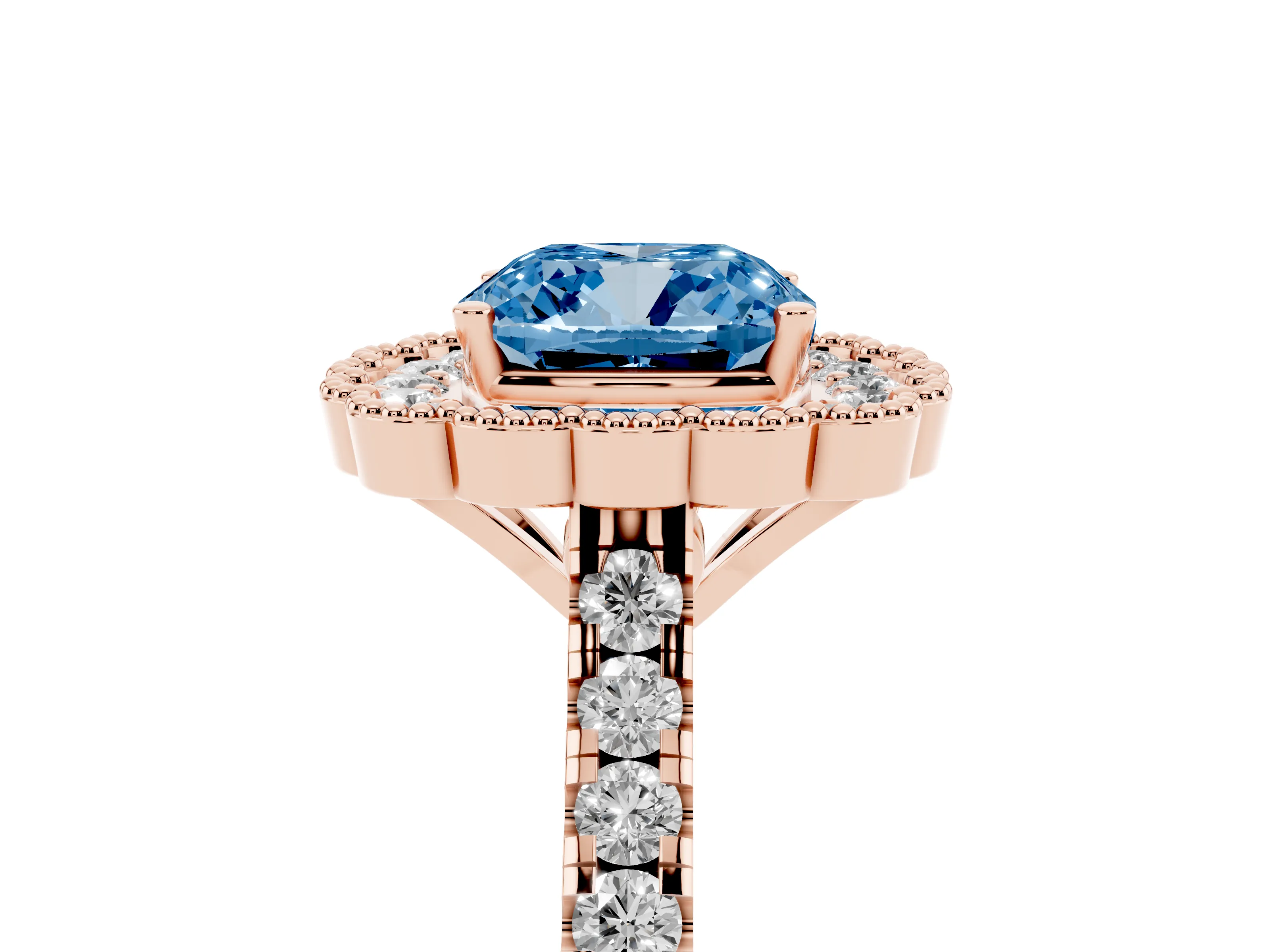 Fancy Blue Cushion Cut Diamond Milgrain Floral Halo Engagement Ring Set in Rose gold with Pavé Band
