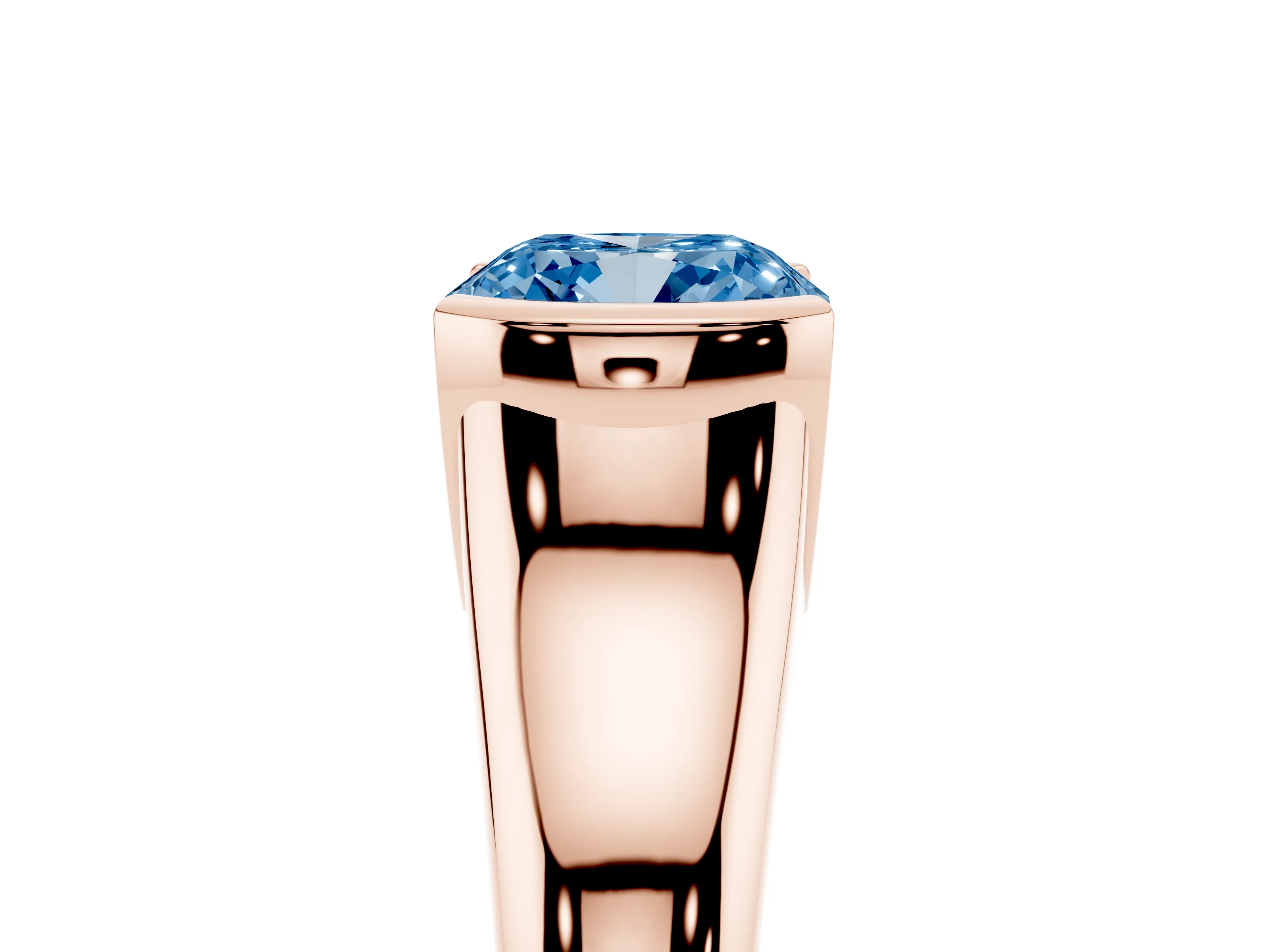 Fancy Blue Cushion Cut Diamond Solitaire Tension Set Ring Set in Rose gold with Split Shank Band