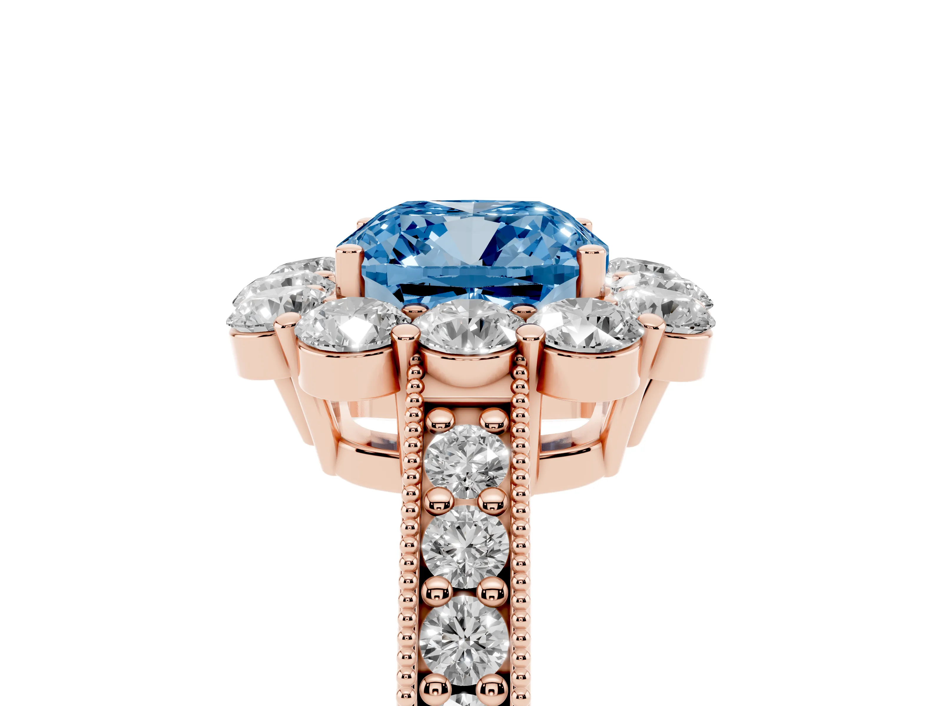 Fancy Blue Cushion Cut Diamond Halo Pavé Engagement Ring Set in Rose gold with Milgrain Detailing