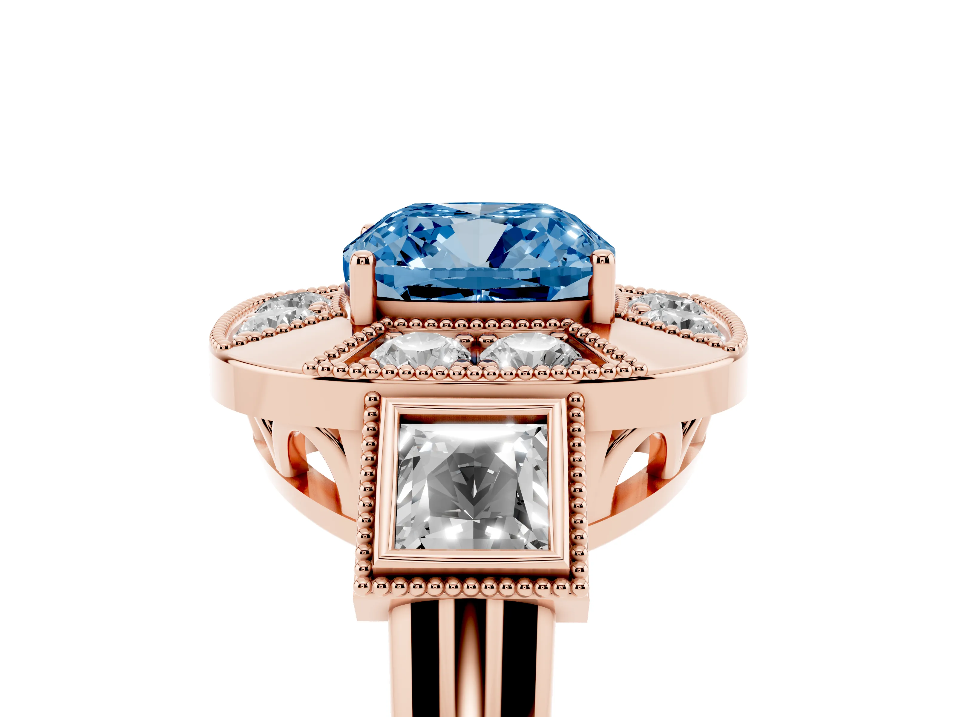 Fancy Blue Cushion Cut Diamond Milgrain Halo Ring Set in Rose gold with Split Shank