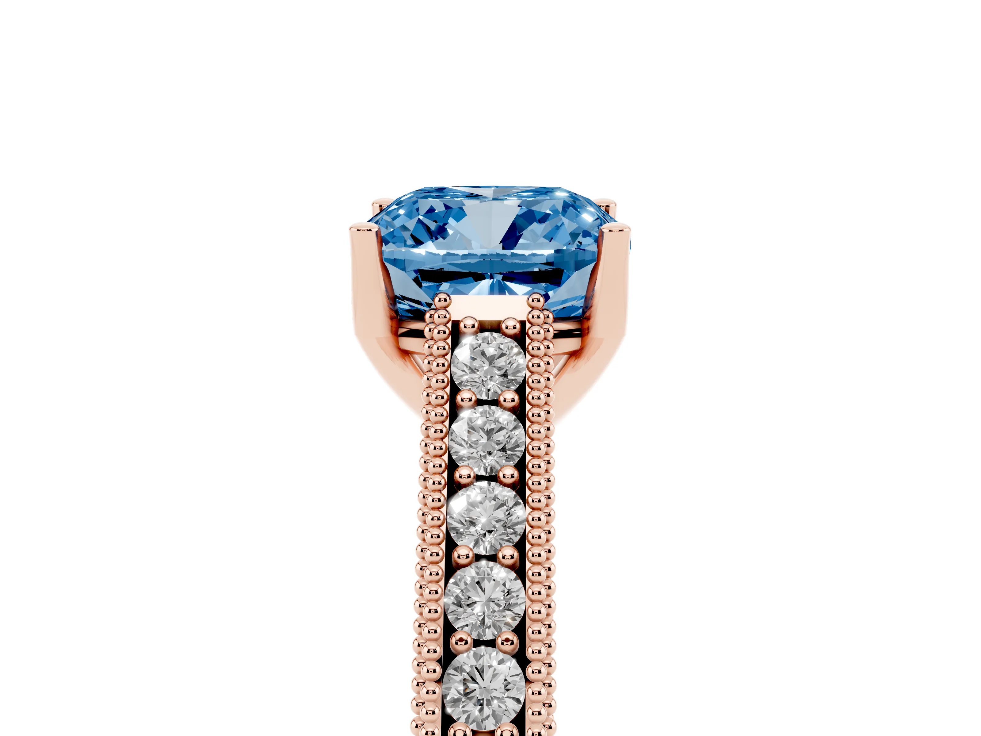 Fancy Blue Cushion Cut Diamond Milgrain Pavé Band Solitaire Ring Set in Rose gold with Prong Setting