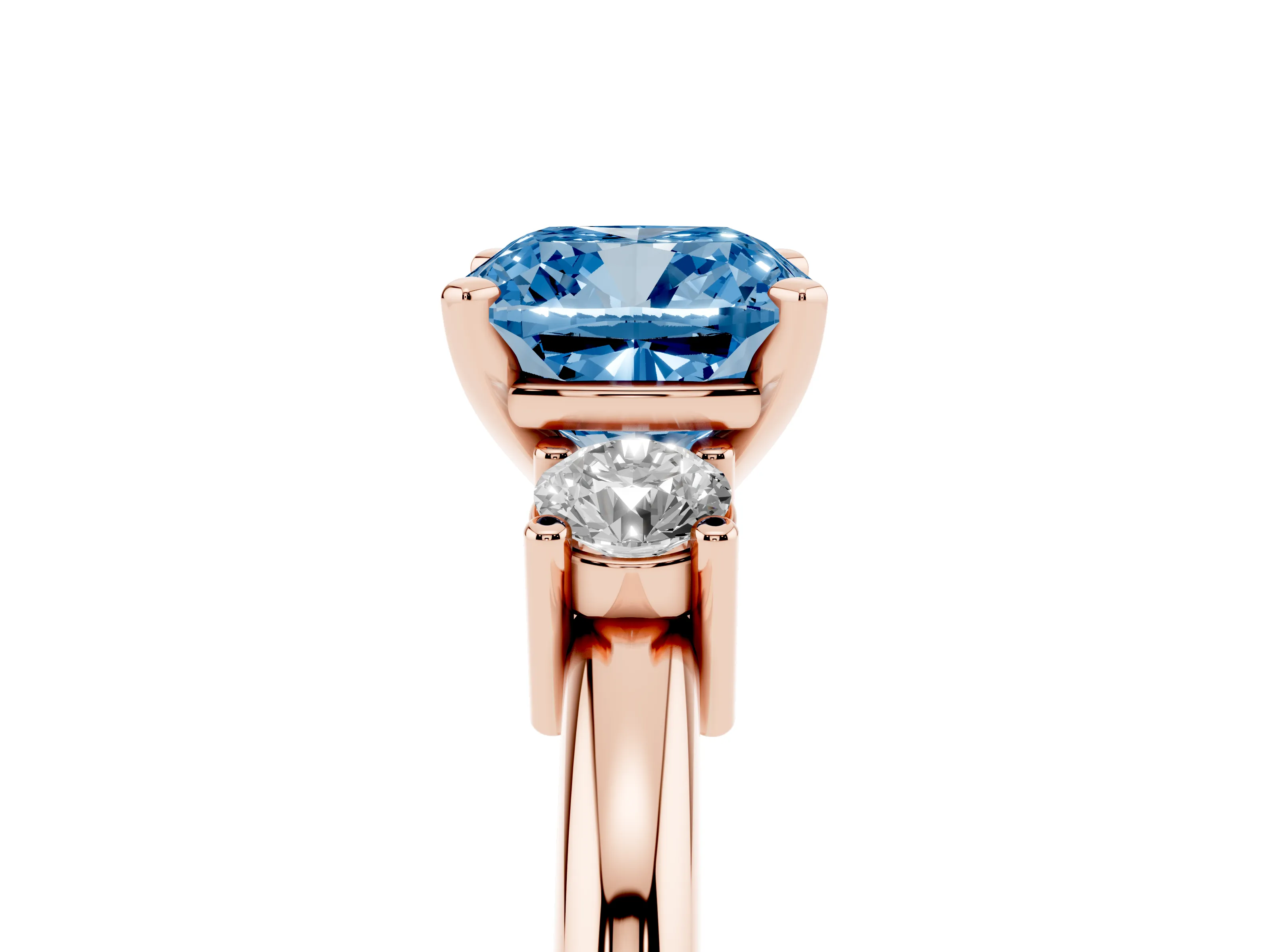 Fancy Blue Three-Stone Cushion Cut Diamond Ring Set in Rose gold with Prong Setting and Plain Band