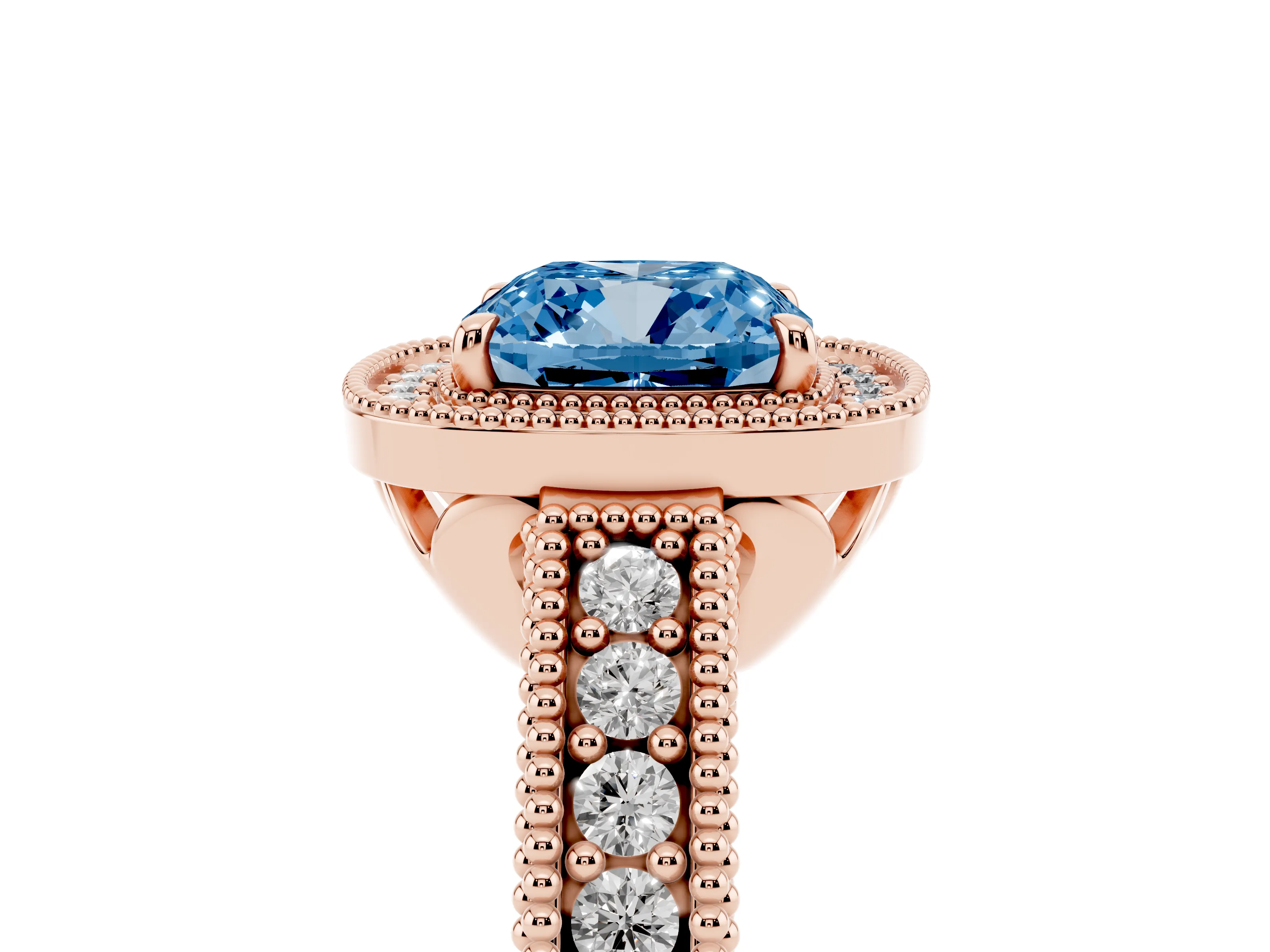 Fancy Blue Cushion Cut Diamond Halo Ring Set in Rose gold with Round Accent Halo, Pavé Band and Prong Setting