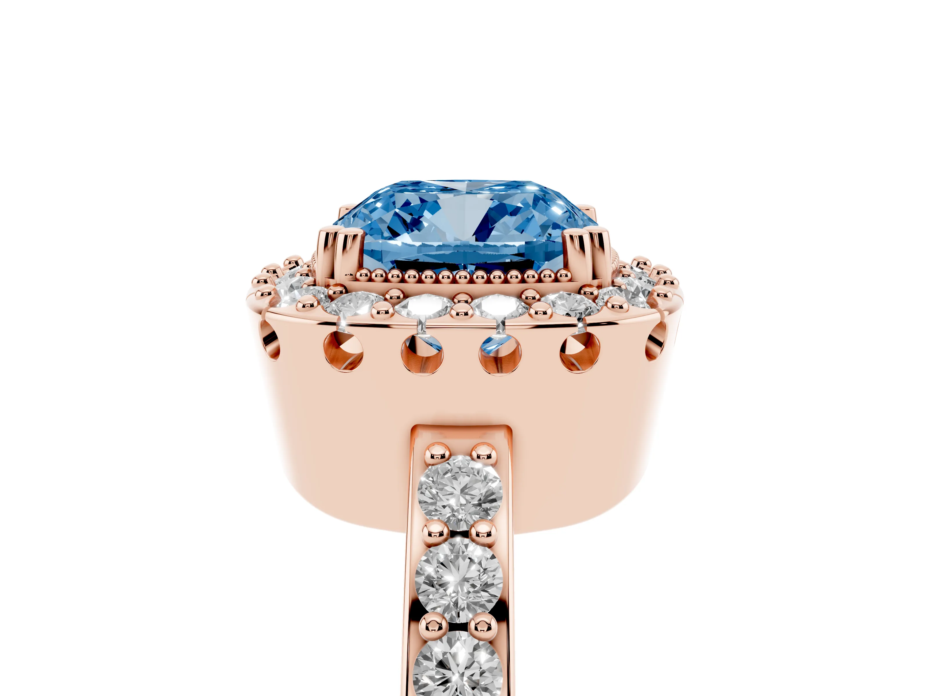 Fancy Blue Cushion Cut Diamond Halo Ring Set in Rose gold with Pavé Shank and Prong Setting