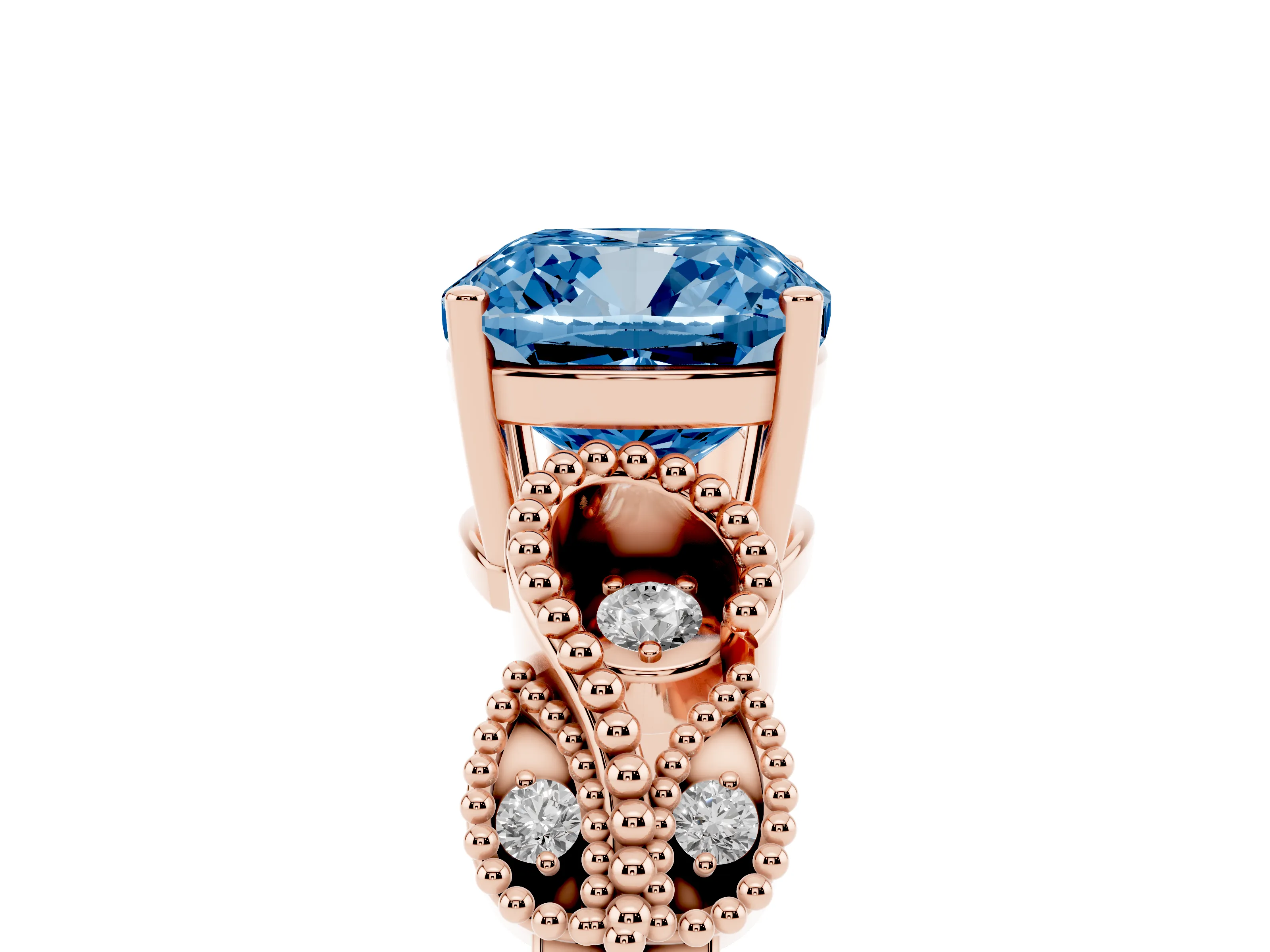 Fancy Blue Cushion Cut Diamond Milgrain Leaf Band Solitaire Ring Set in Rose gold with Accent Stones and Prong Setting