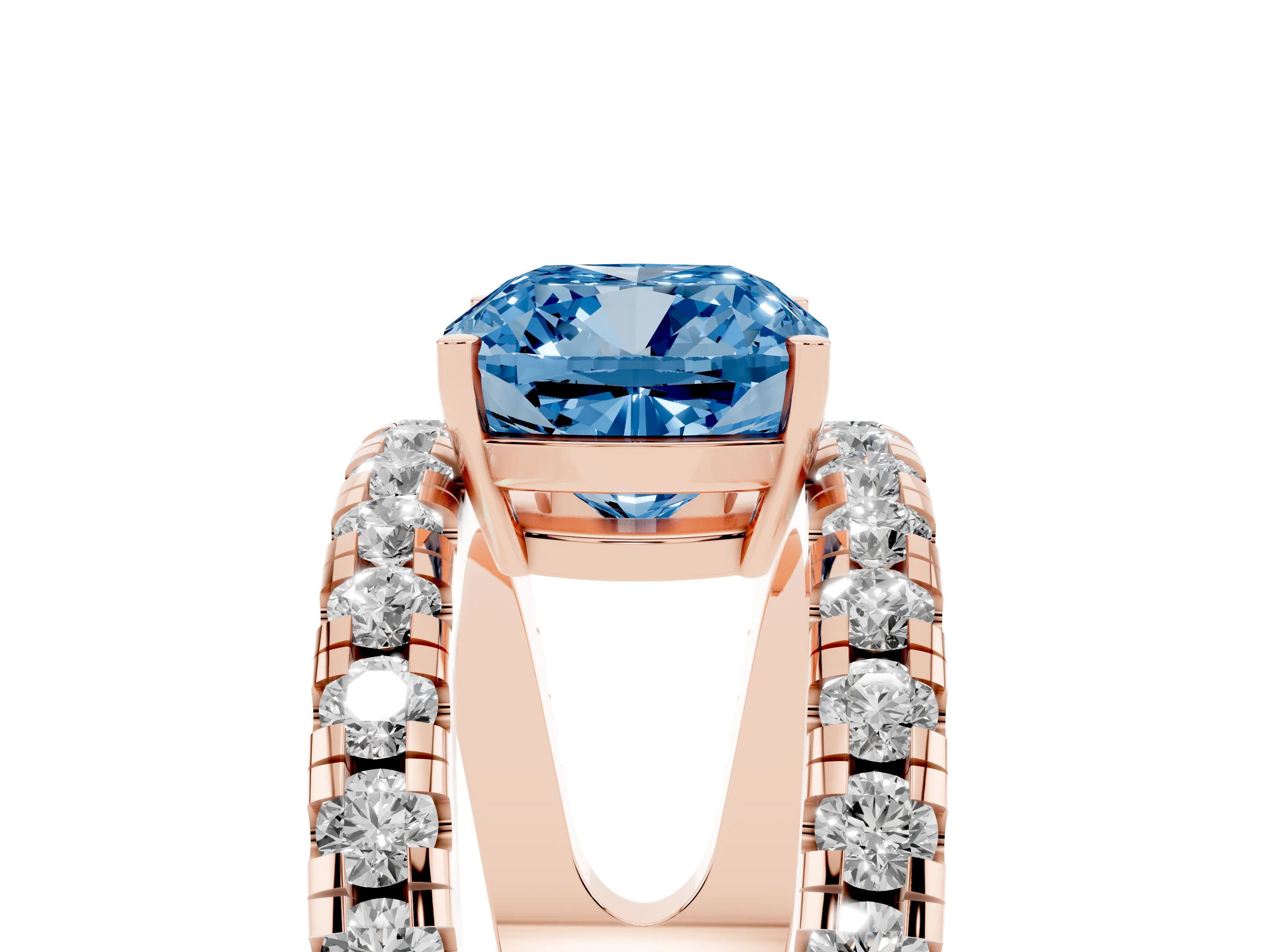 Fancy Blue Cushion Cut Diamond Split Shank Pavé Solitaire Ring Set in Rose gold with Open Shank Design