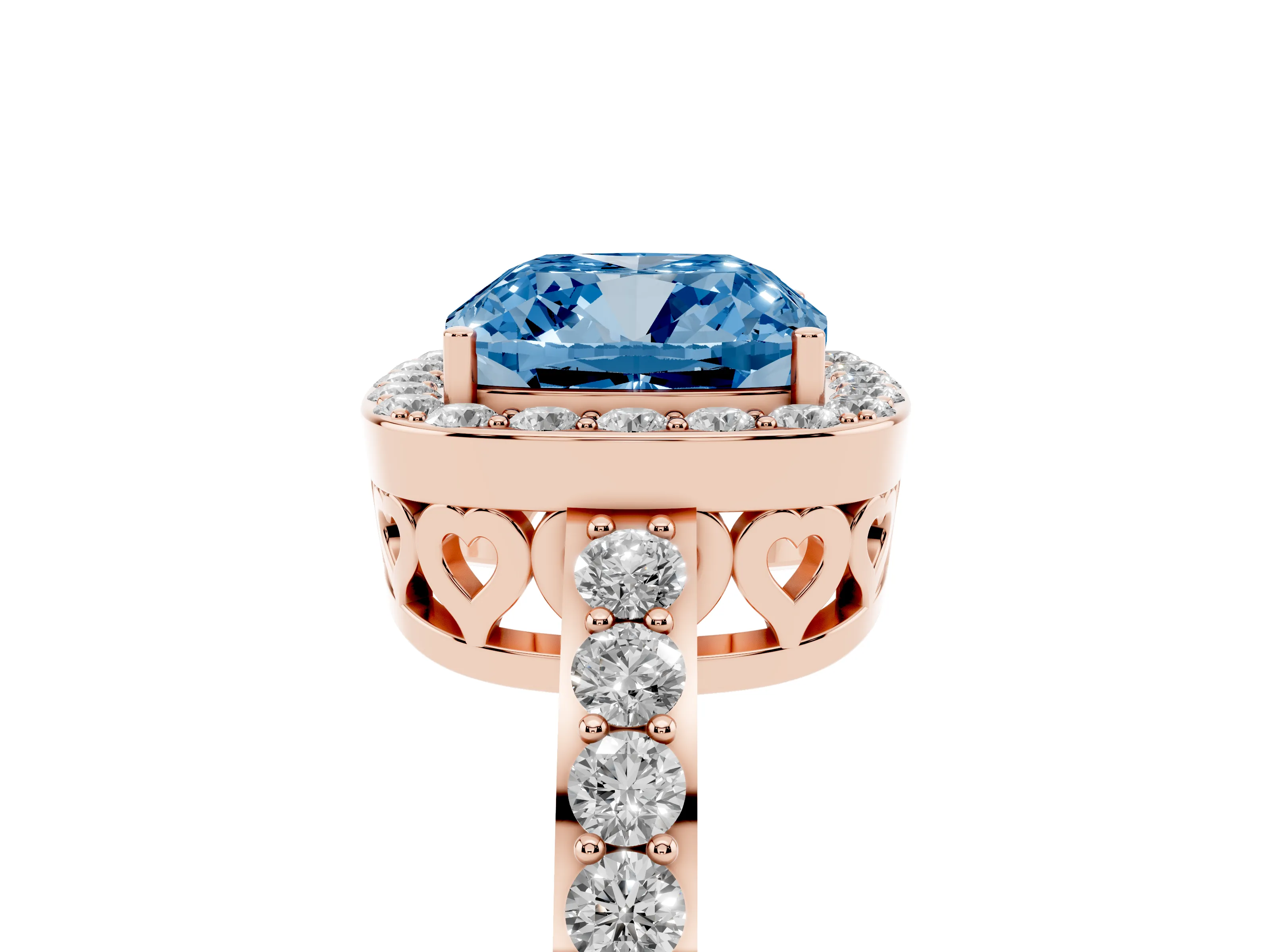 Fancy Blue Cushion Cut Diamond Halo Ring Set in Rose gold with Pavé-Setting Band and Open Prong Center