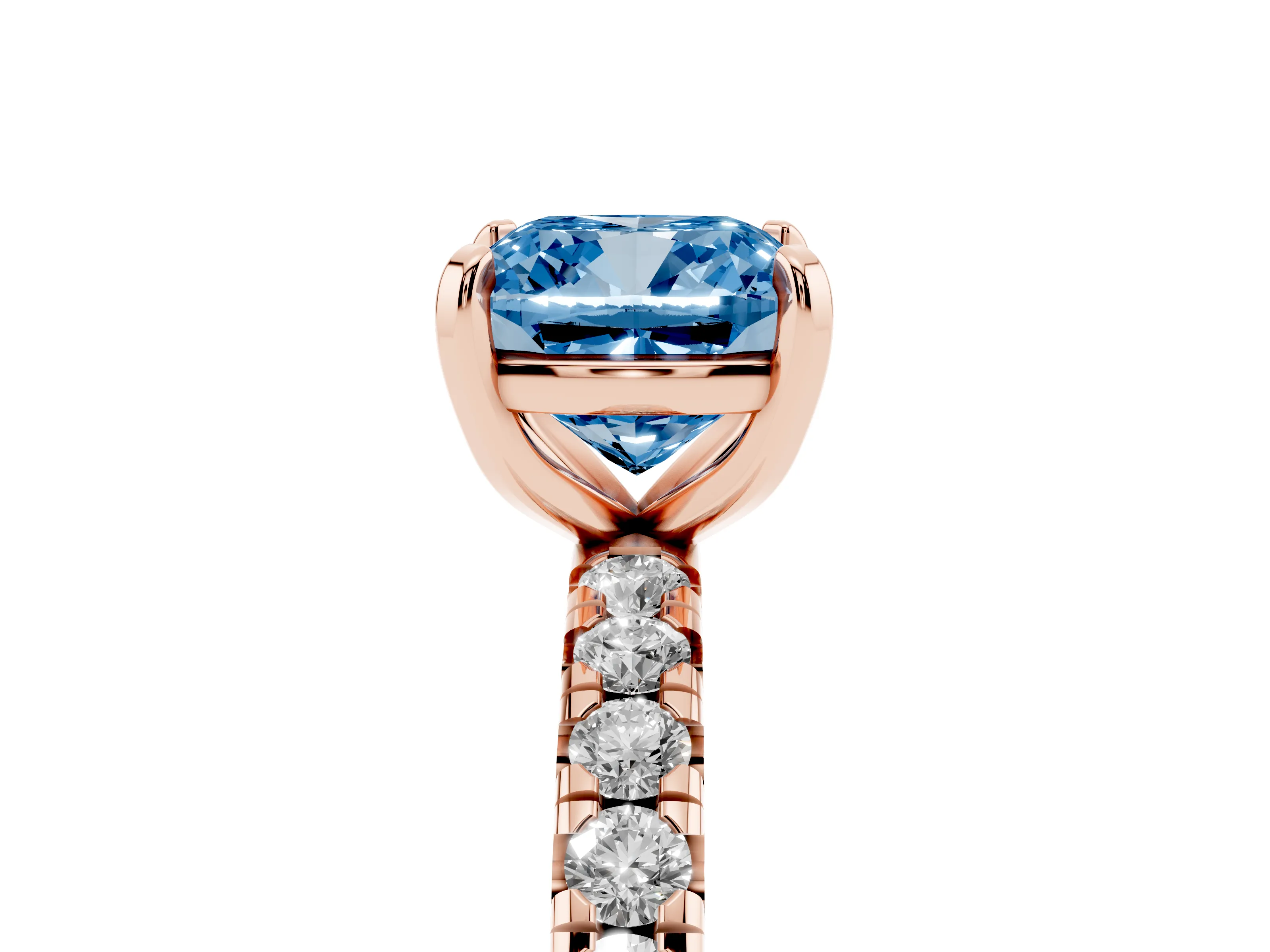 Fancy Blue Cushion Cut Diamond Pavé Solitaire Ring Set in Rose gold with Round Band and Prong Setting