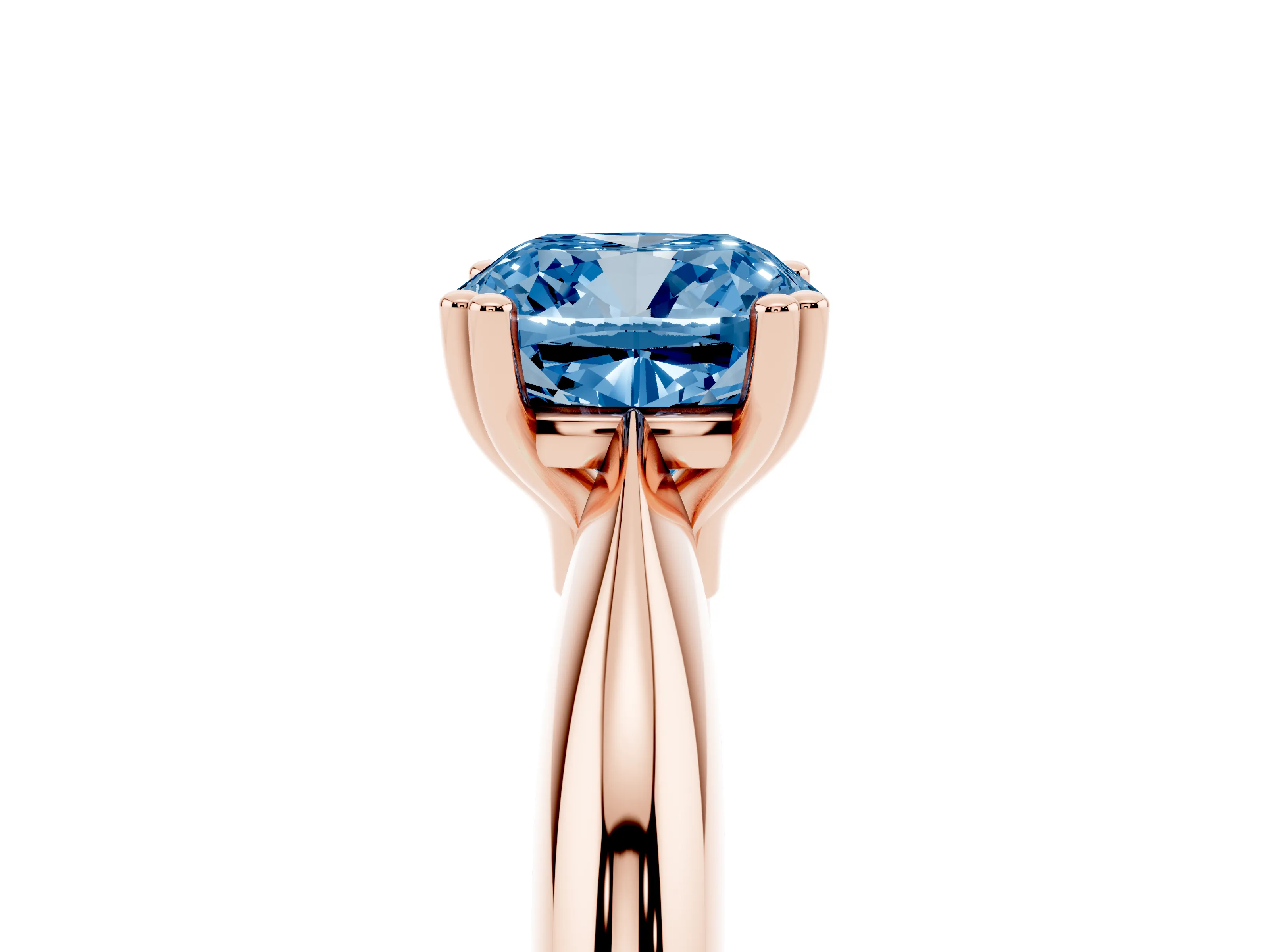 Fancy Blue Cushion Cut Diamond Solitaire Engagement Ring Set in Rose gold with Tapered Band and Prong Setting