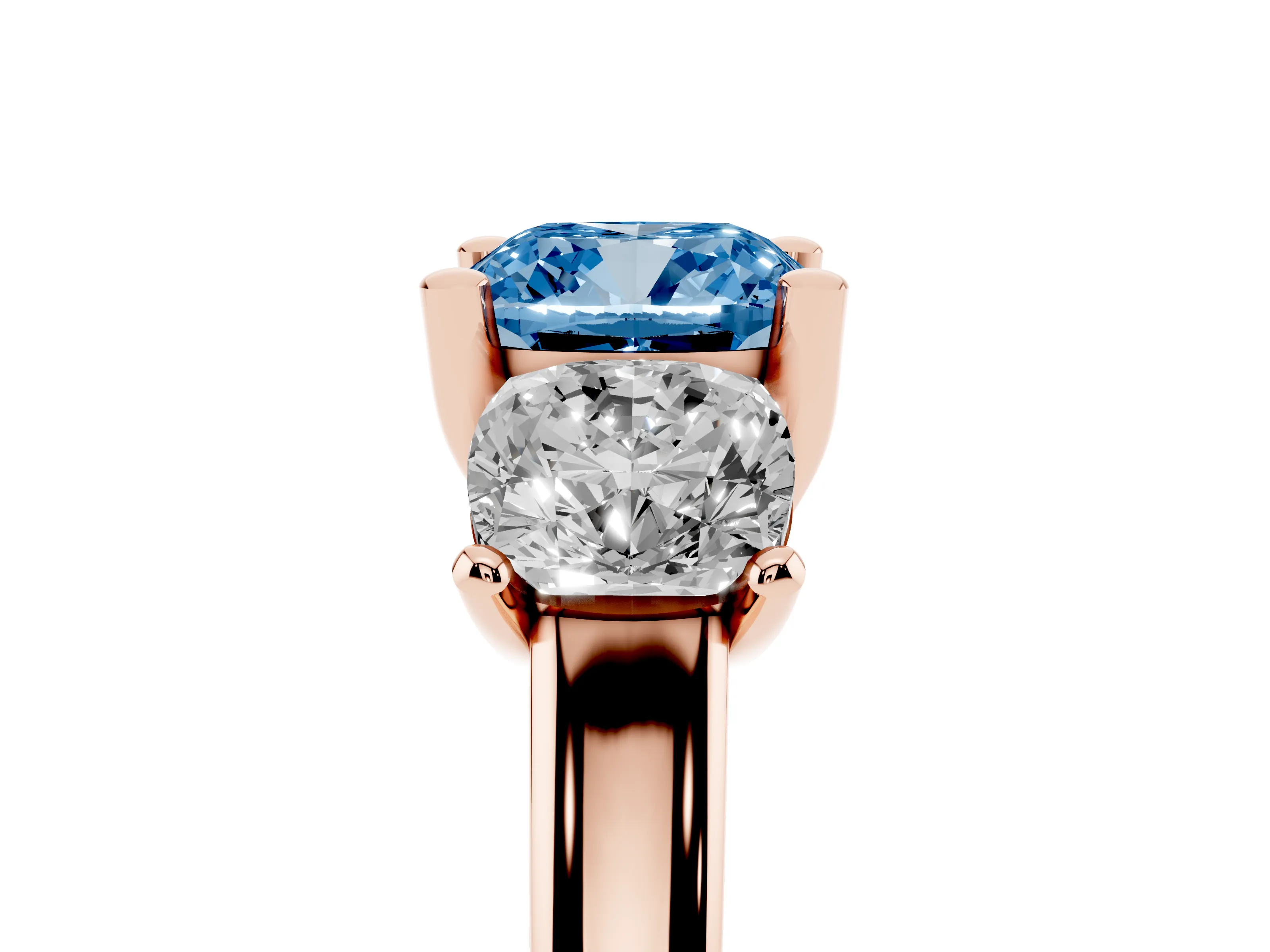 Fancy Blue Cushion Cut Diamond Three-Stone Ring Set in Rose gold with Classic Prong Setting and Plain Band