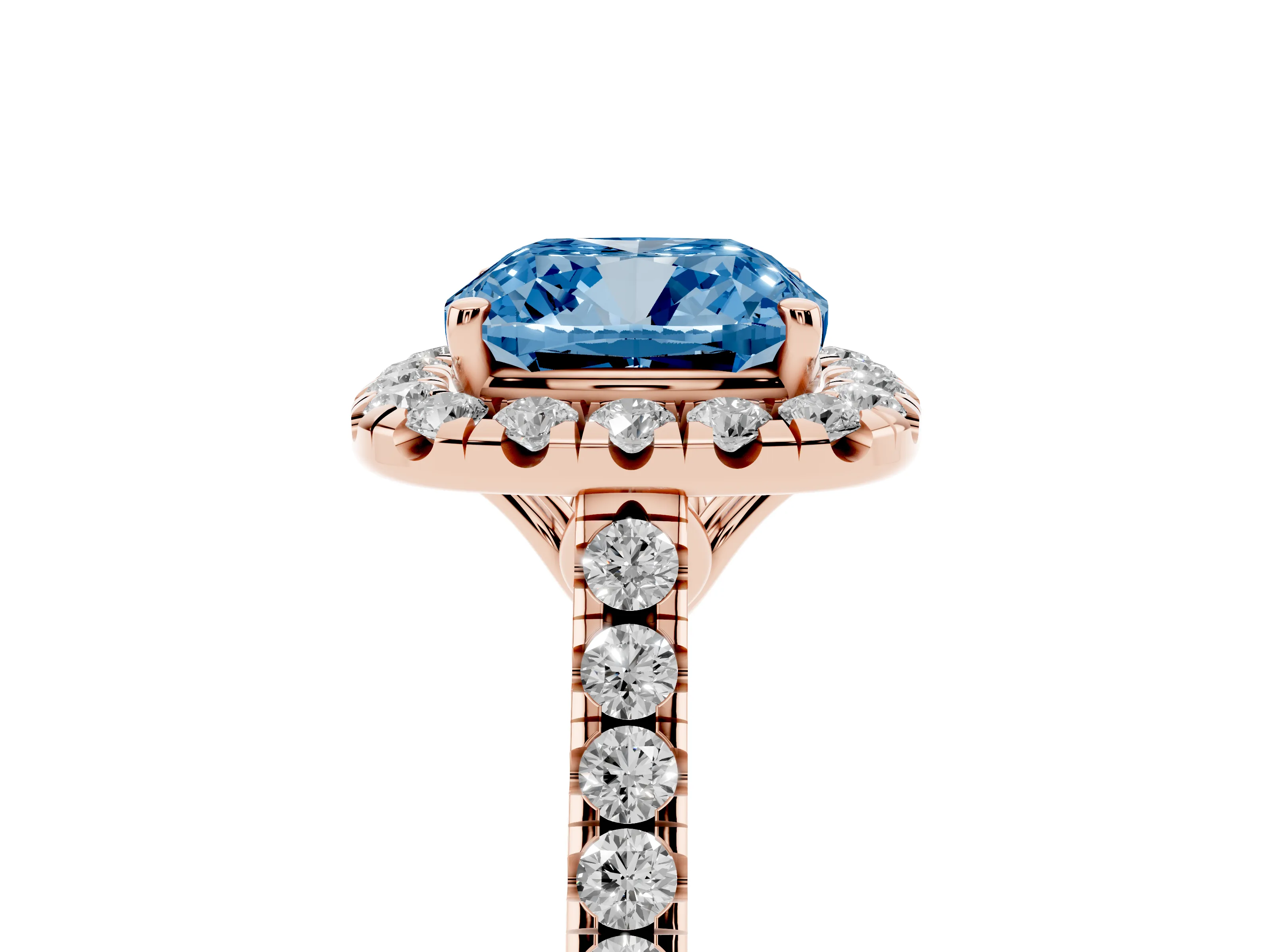 Fancy Blue Cushion Cut Diamond Pavé Halo Engagement Ring Set in Rose gold with Pavé Band and Prong Setting