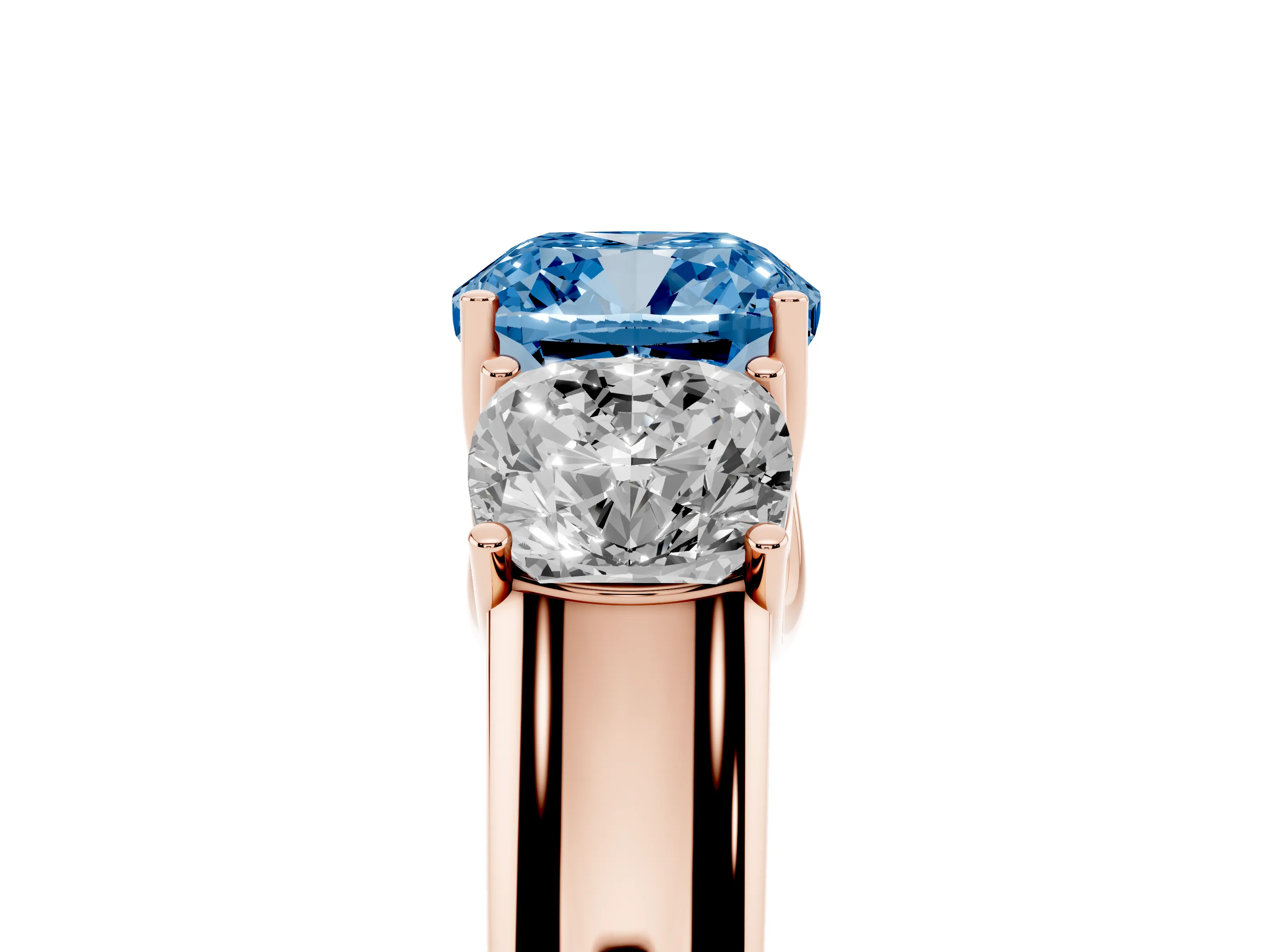 Fancy Blue Three-Stone Cushion Cut Diamond Ring Set in Rose gold with Matching Prong Settings and Plain Band