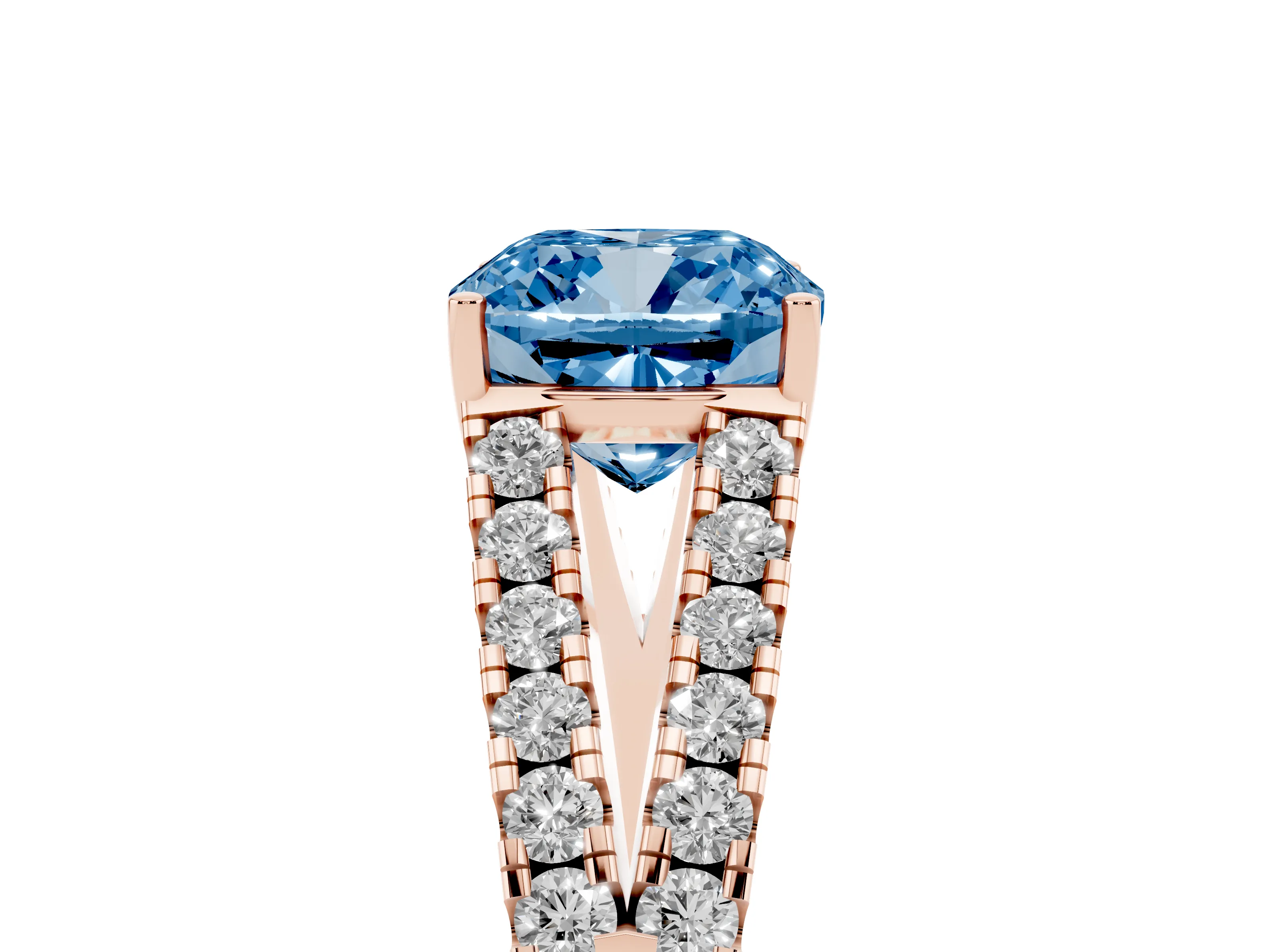 Fancy Blue Cushion Cut Diamond Split Shank Pavé Engagement Ring Set in Rose gold with Prong-Held Center Stone