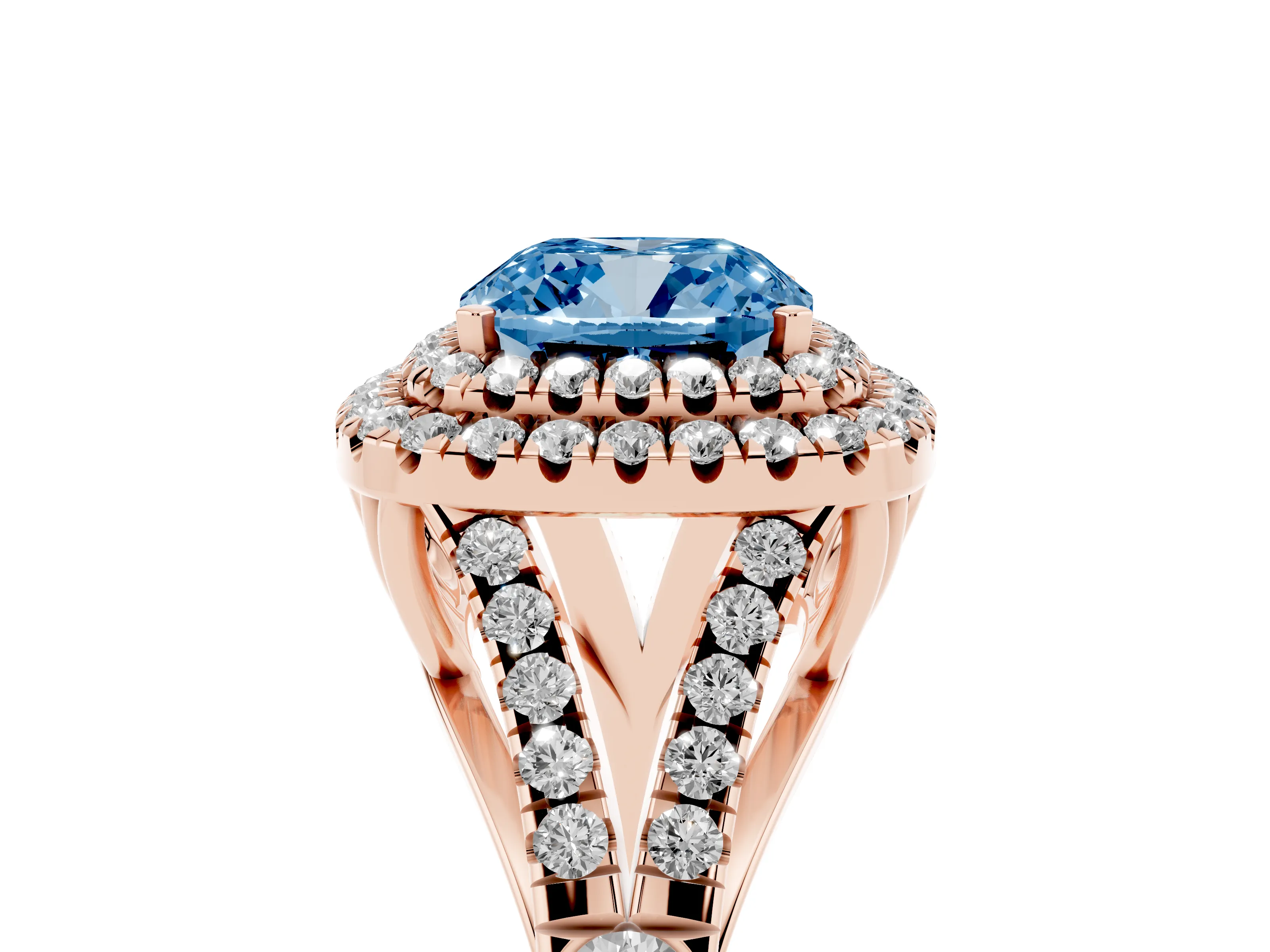 Fancy Blue Cushion Cut Diamond Pavé Split Shank Double Halo Engagement Ring Set in Rose gold