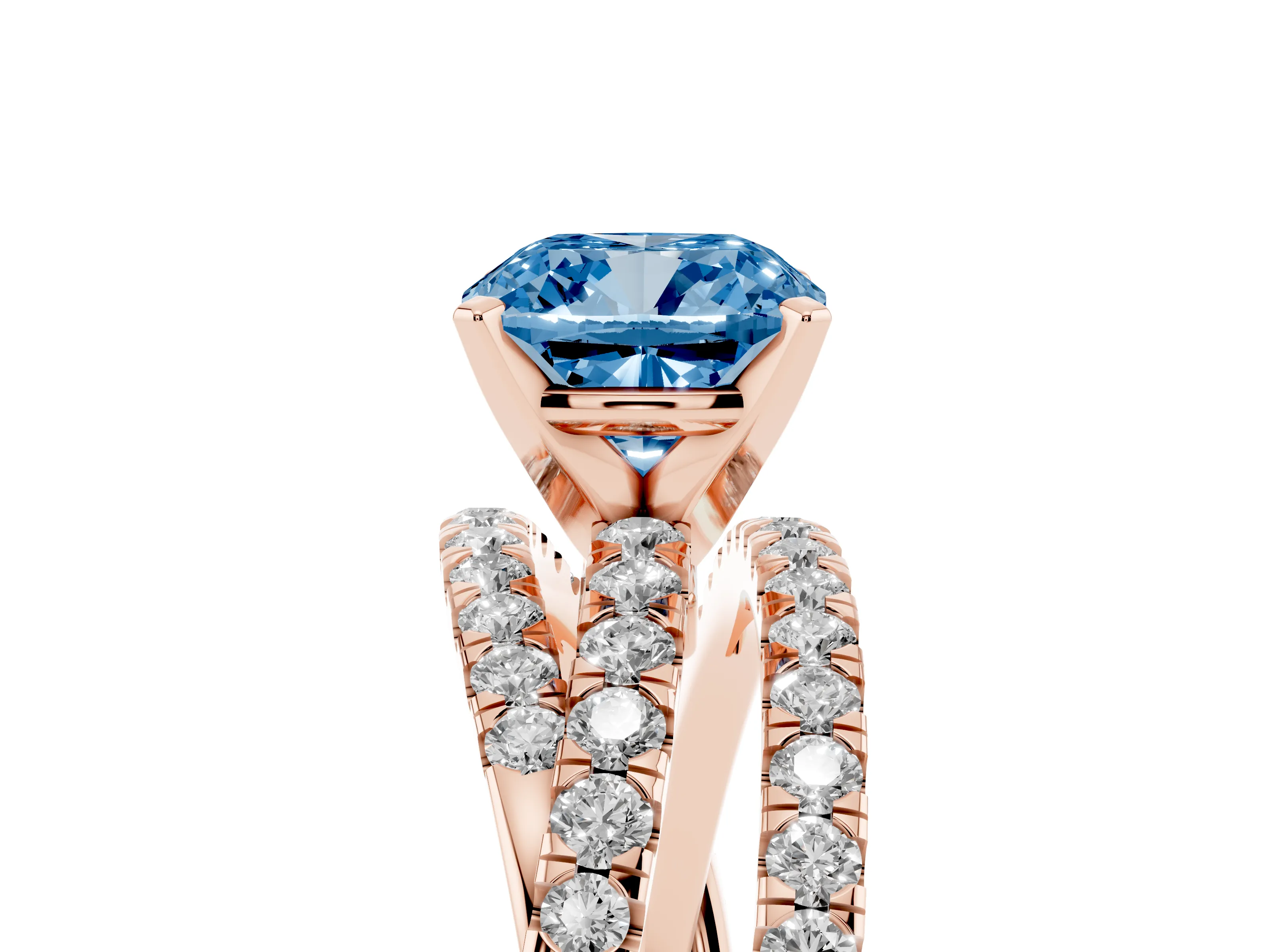 Fancy Blue Cushion Cut Diamond Solitaire Twist Band Ring Set in Rose gold with Pavé Setting and Prong Head