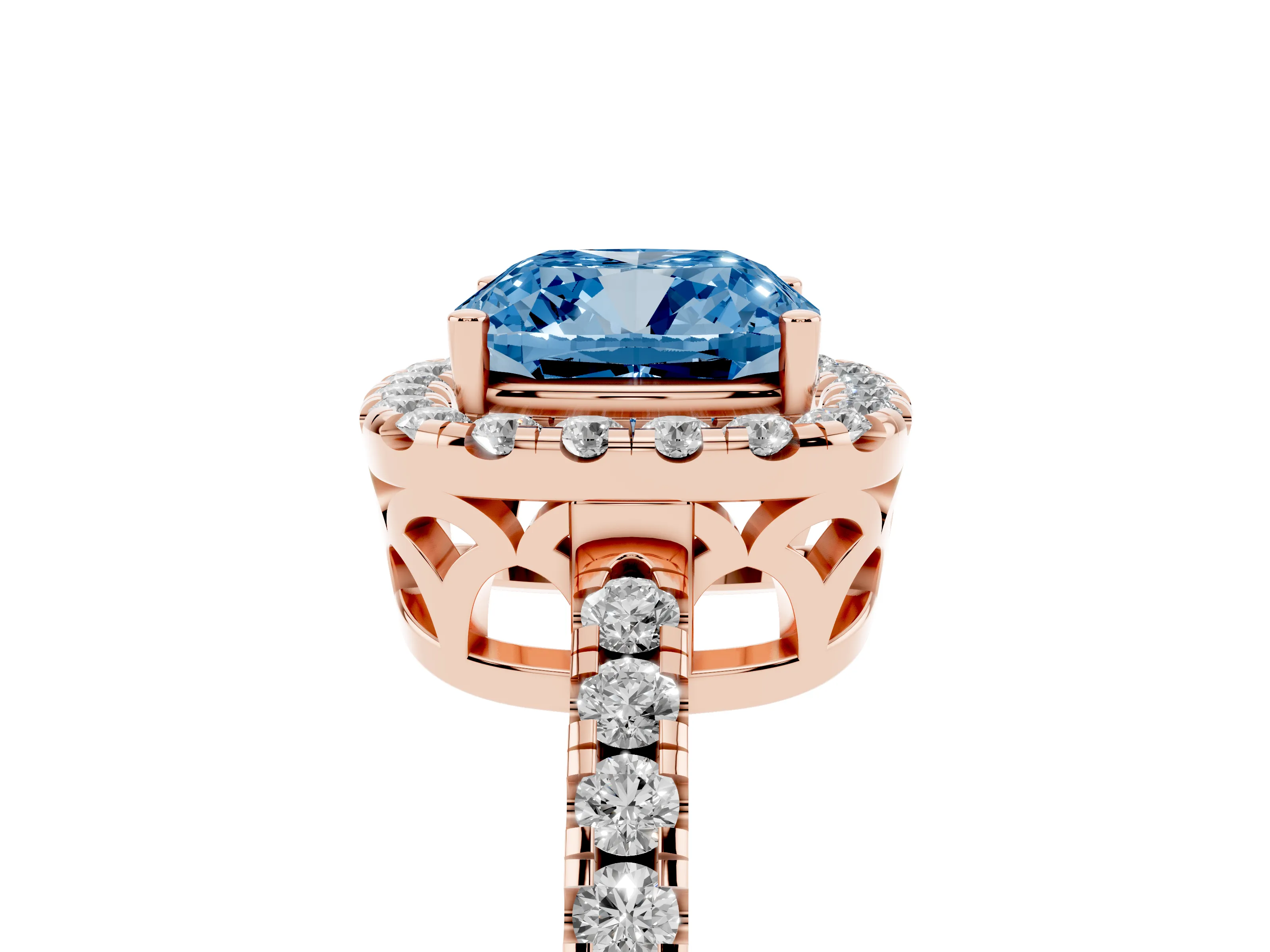 Fancy Blue Cushion Cut Diamond Pavé Band Halo Engagement Ring Set in Rose gold with Prong Setting