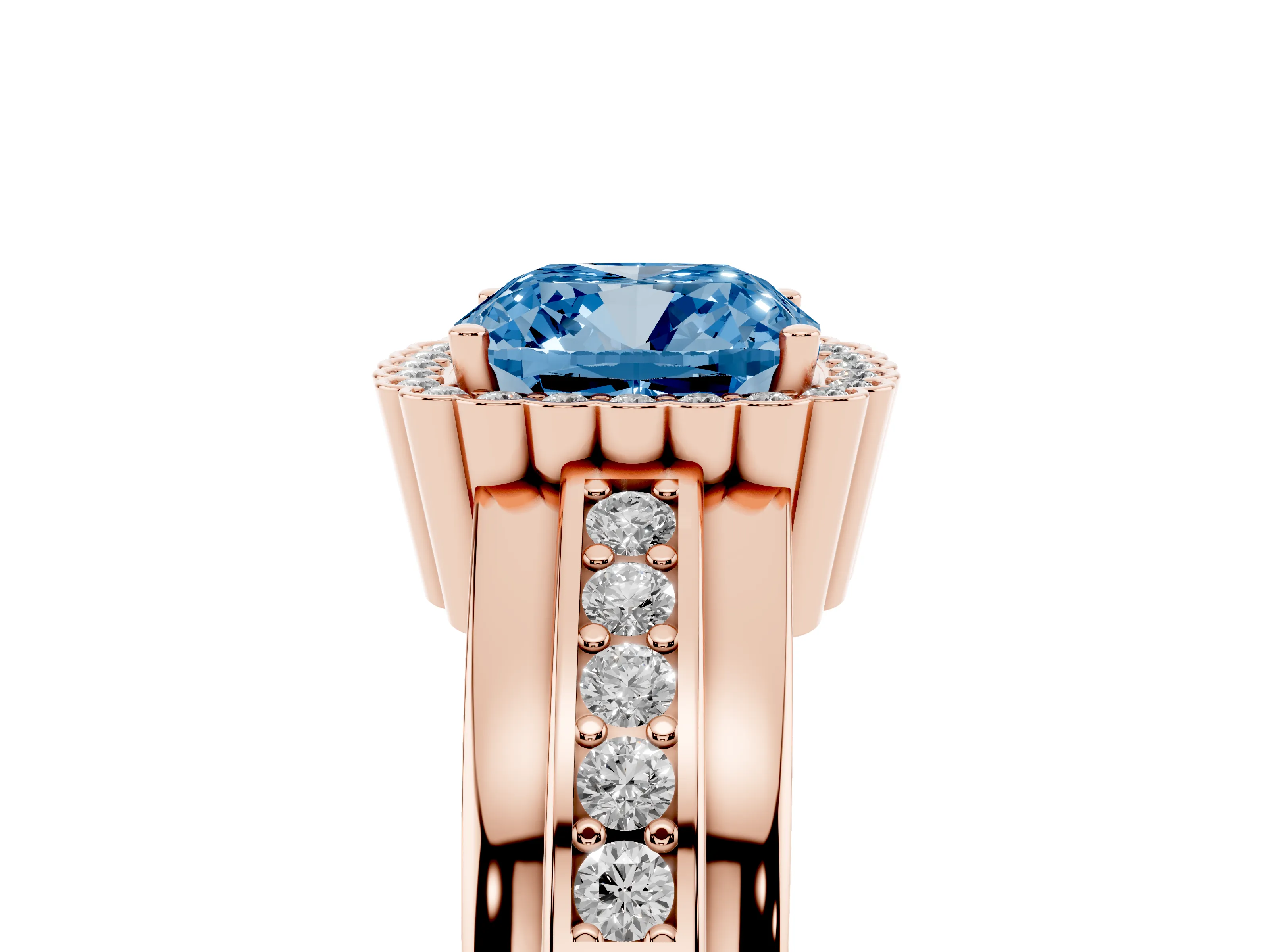 Fancy Blue Cushion Cut Diamond Halo Prong Ring Set in Rose gold with Pavé Band
