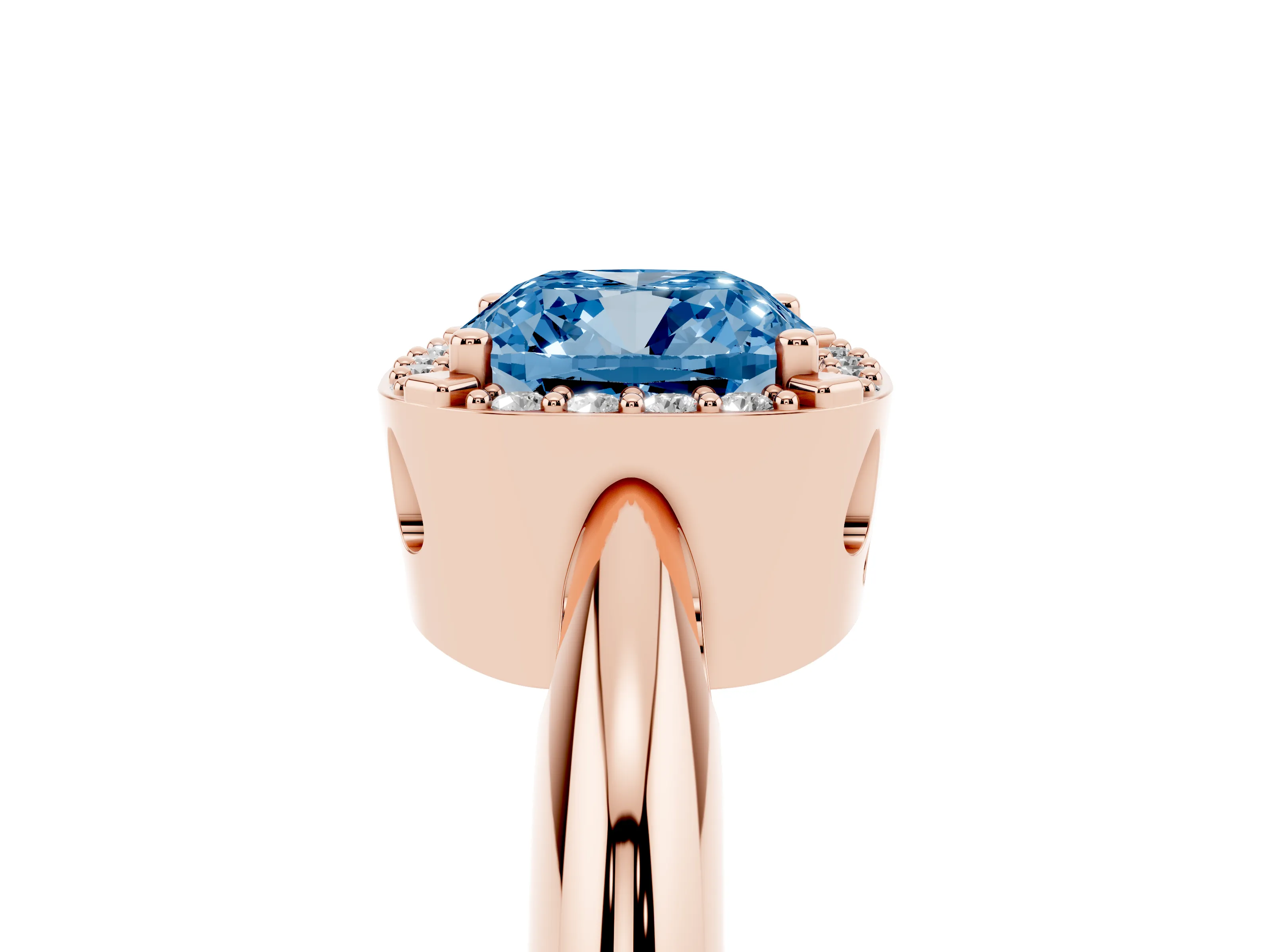 Fancy Blue Cushion Cut Diamond Halo Engagement Ring Set in Rose gold with Plain Split Shank and Prong Setting
