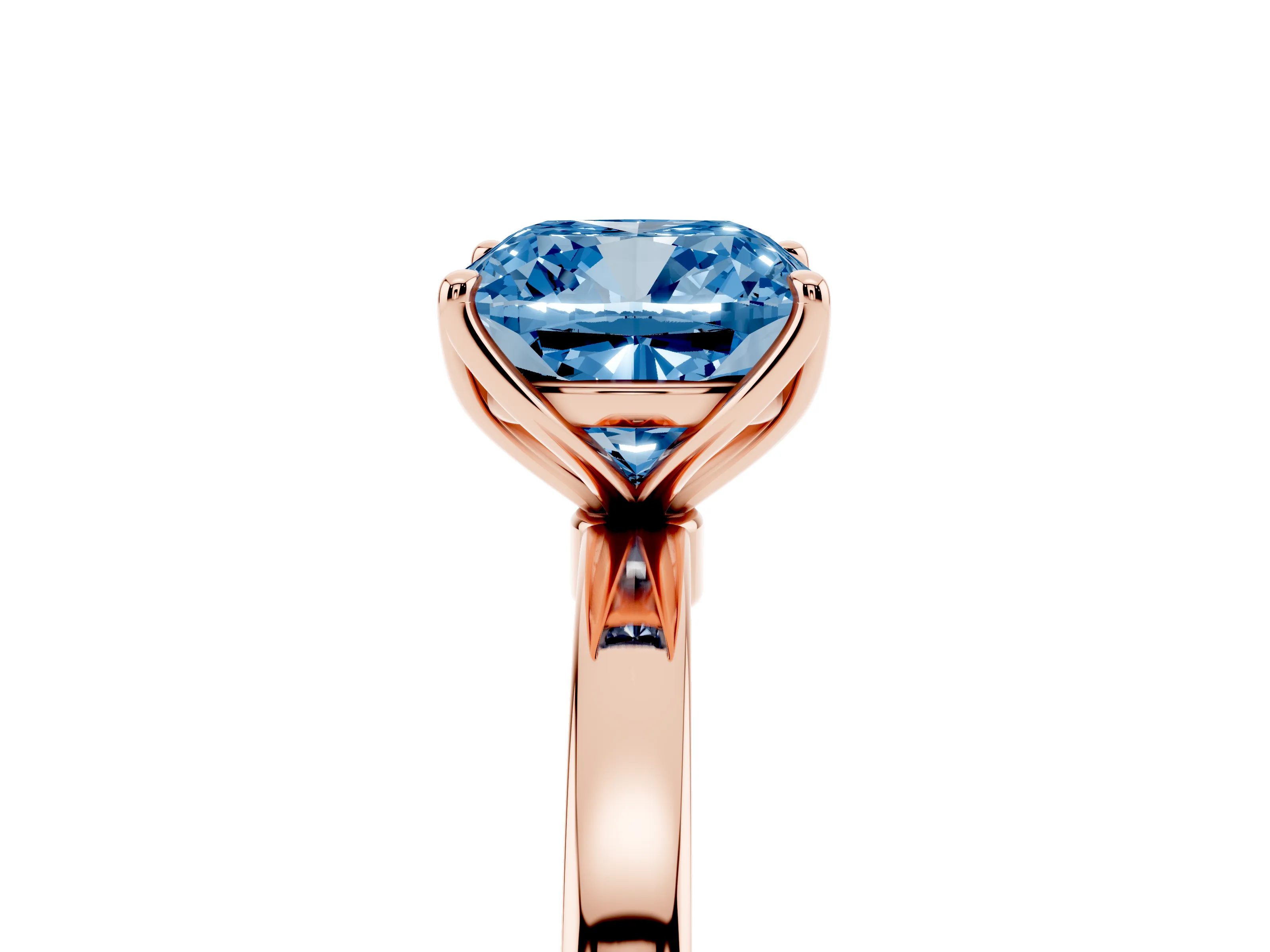 Fancy Blue Cushion Cut Diamond Solitaire Ring Set in Rose gold with Prong Setting and Thin Polished Band