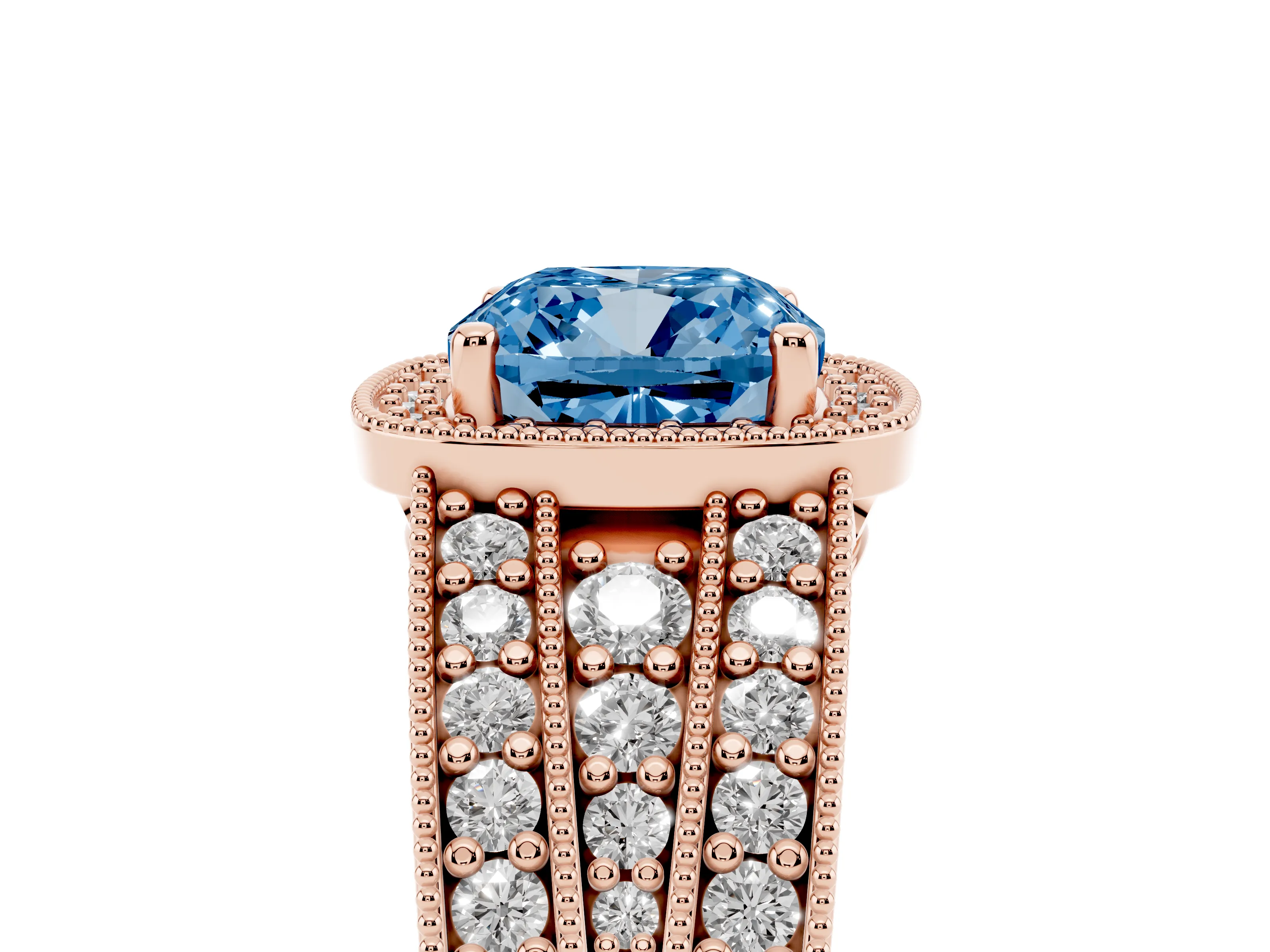 Fancy Blue Cushion Cut Diamond Halo Ring Set in Rose gold with Accent Split Shank and Prong Setting