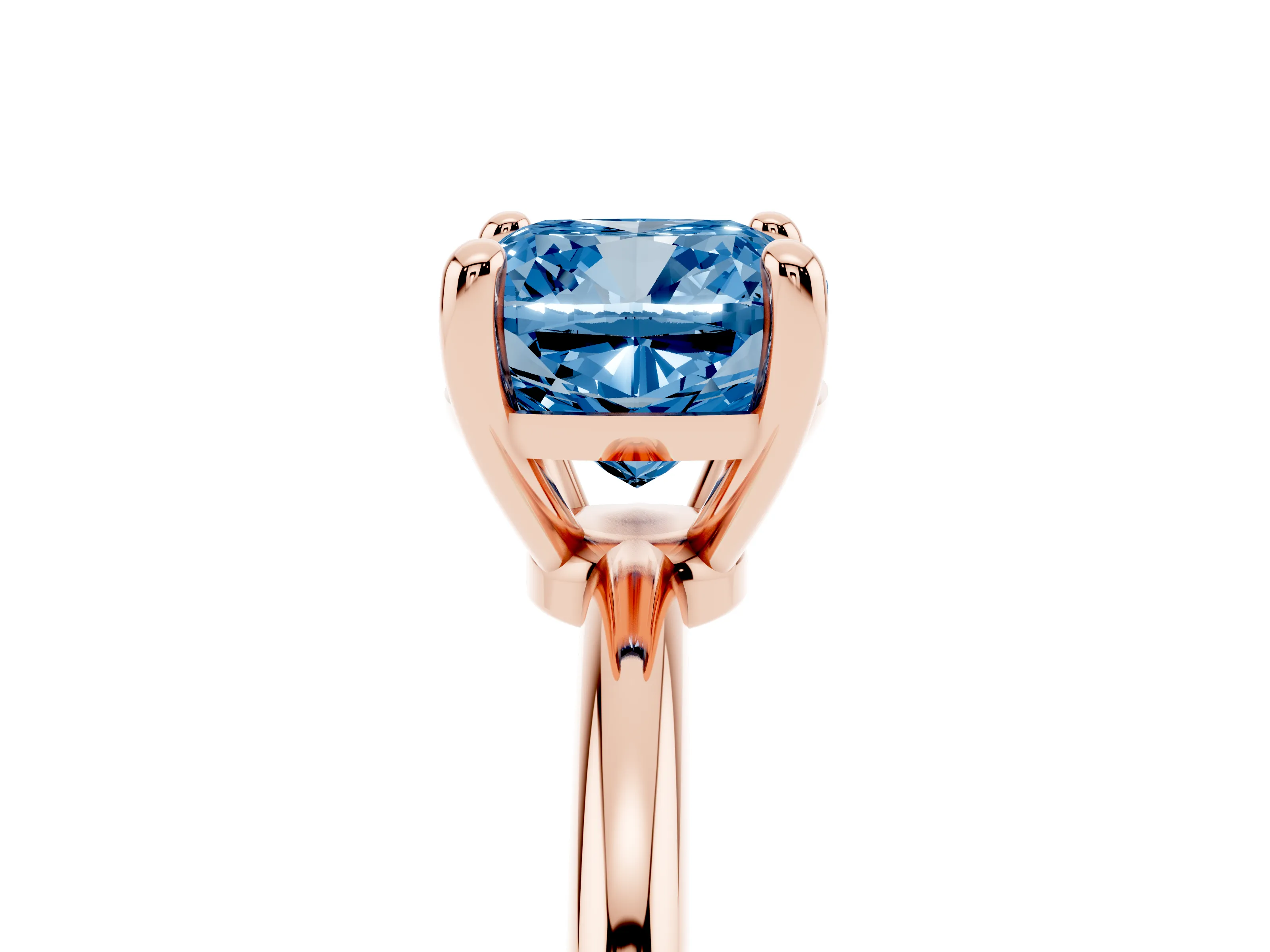 Fancy Blue Cushion Cut Diamond Solitaire Ring Set in Rose gold with Secure Prong Setting on a Classic Band