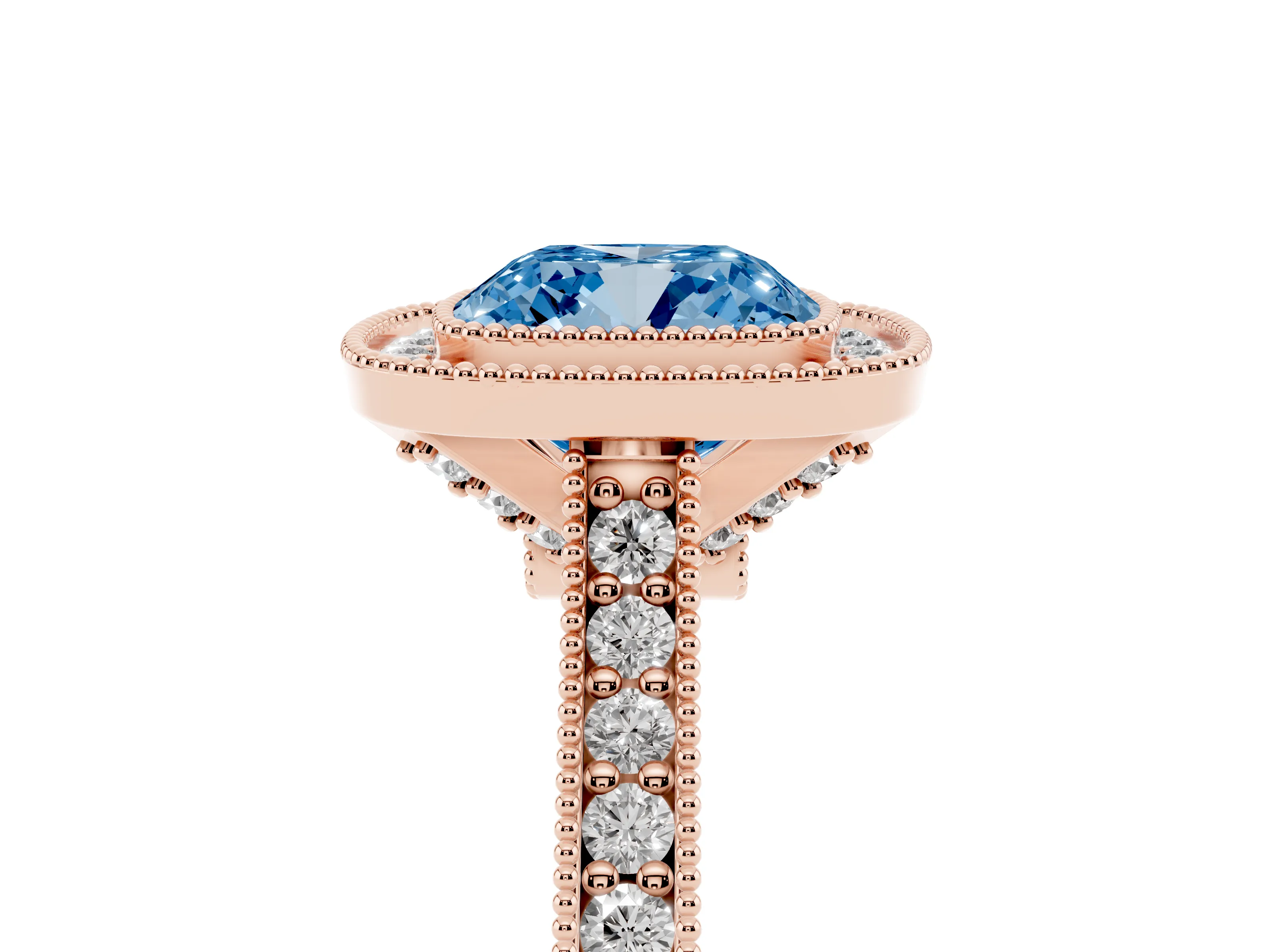 Fancy Blue Cushion Cut Diamond Halo Milgrain Pavé Band Ring Set in Rose gold with Prong Setting