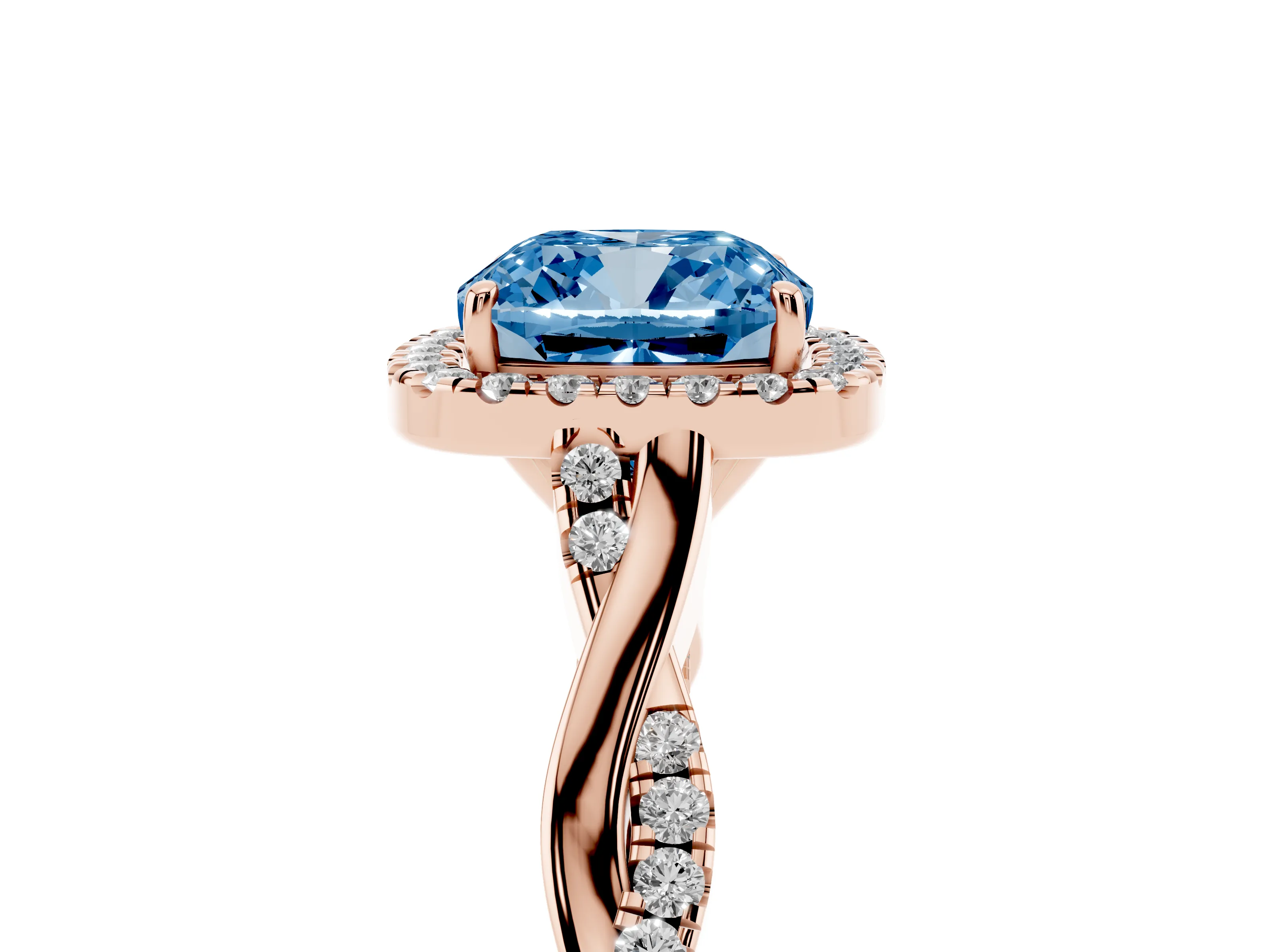 Fancy Blue Cushion Cut Diamond Halo Twist Band Solitaire Ring Set in Rose gold with Prong Setting