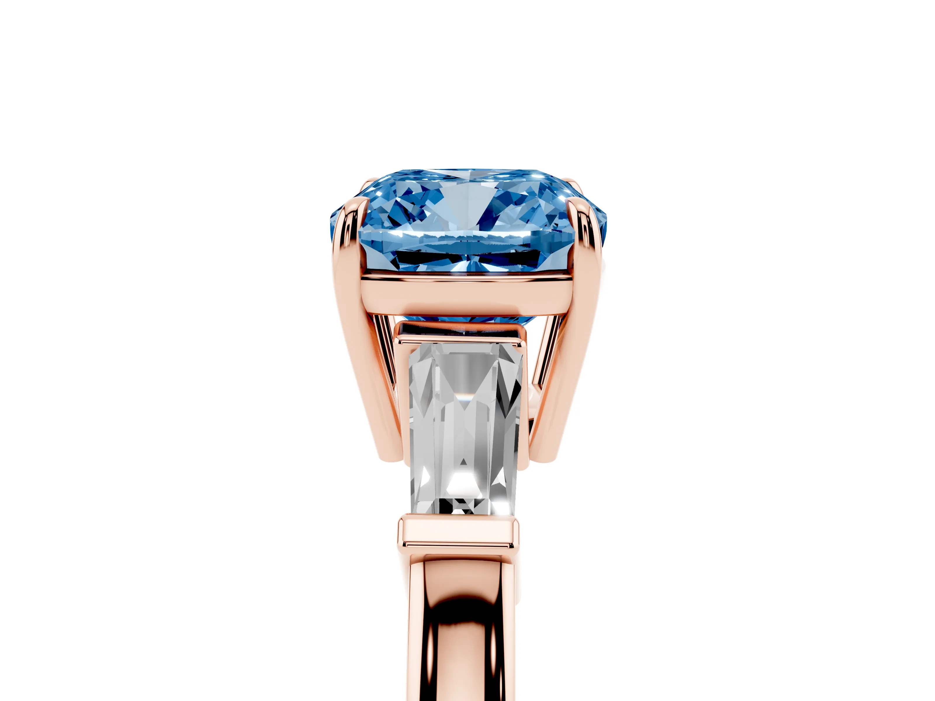 Fancy Blue Cushion Cut Diamond Three-Stone Ring Set in Rose gold with Tapered Baguette Side Stones and Prong Setting