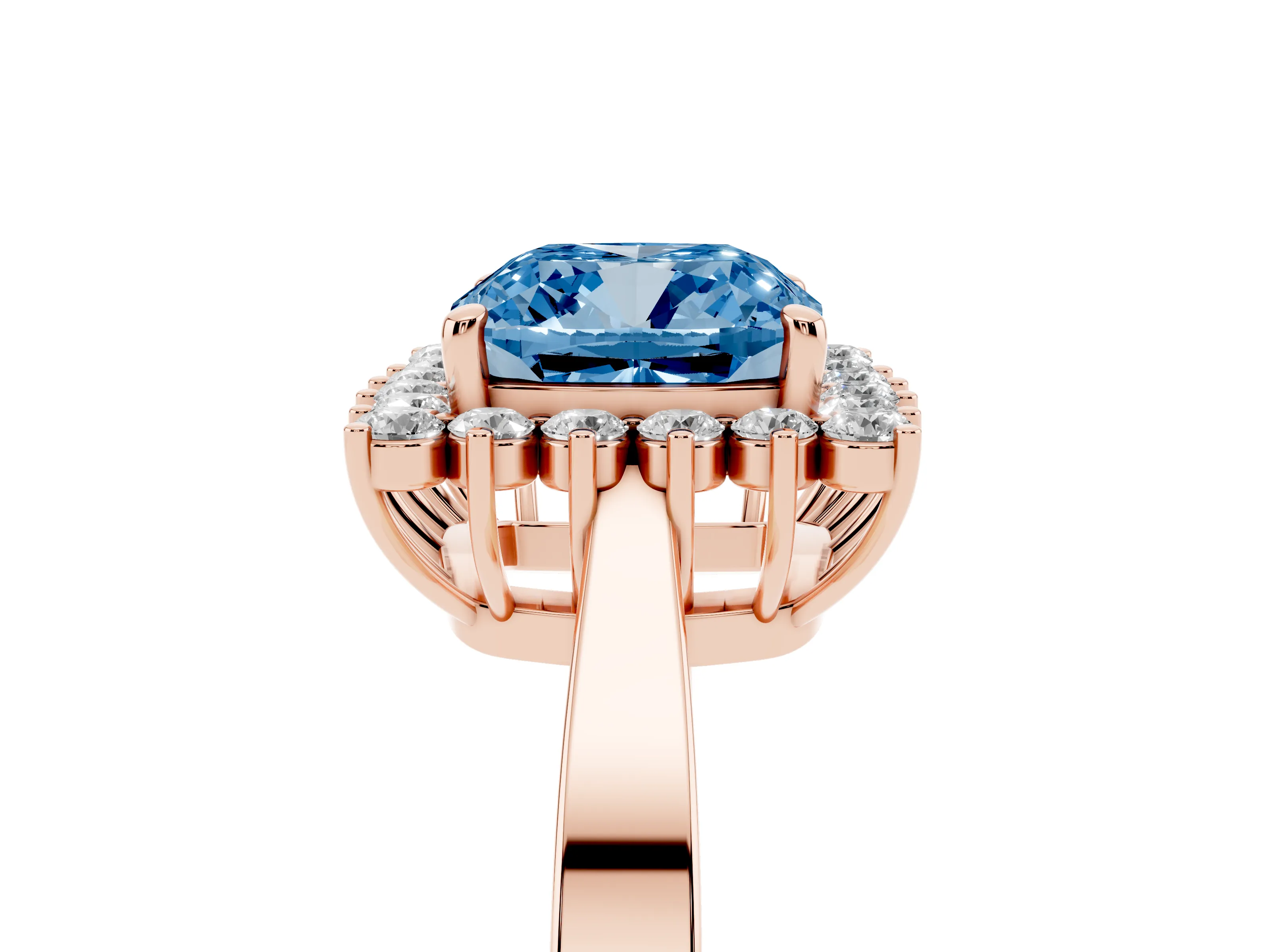 Fancy Blue Cushion Cut Diamond Halo Ring Set in Rose gold with Round Halo and Smooth Solitaire Band