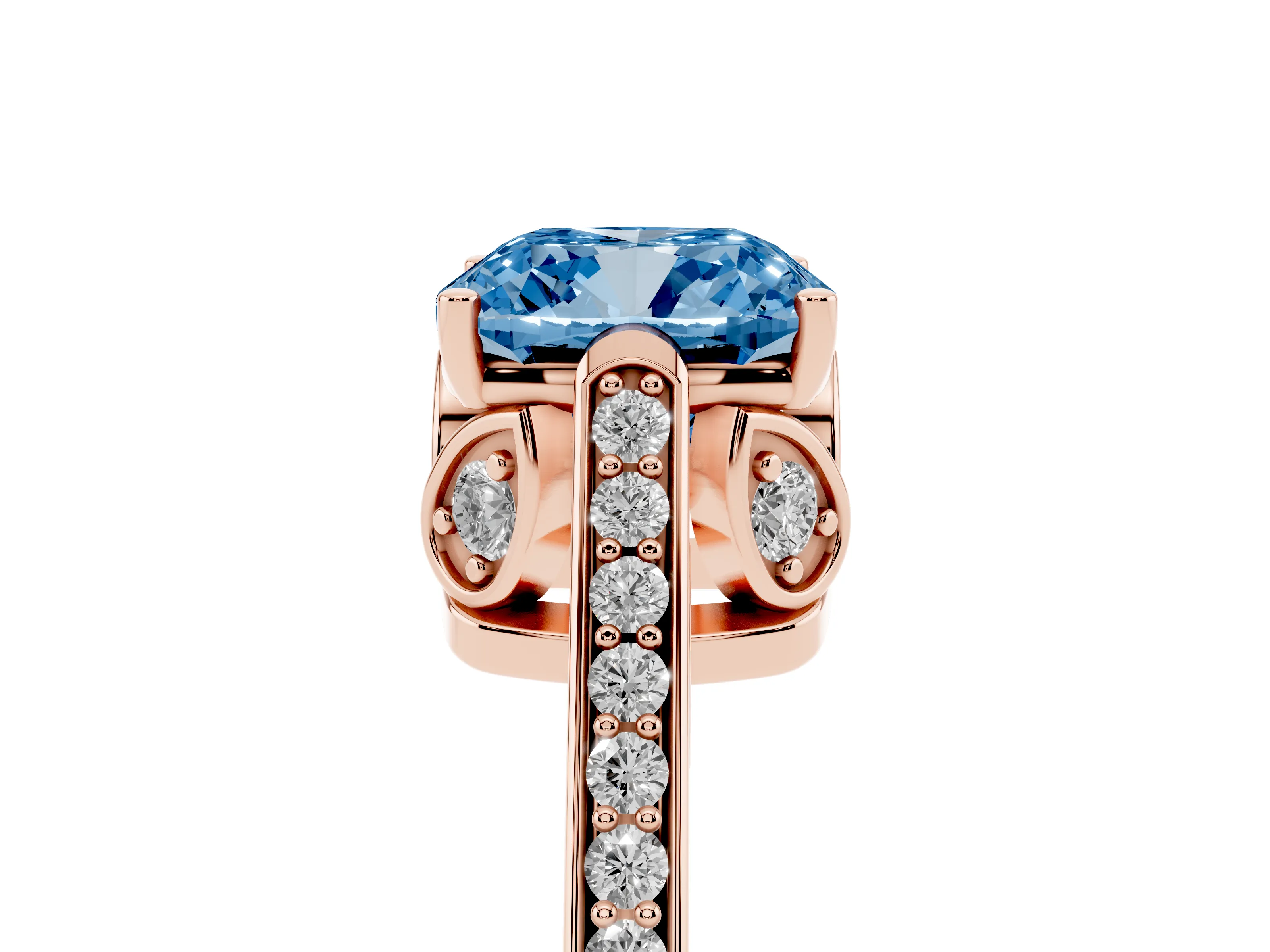 Fancy Blue Cushion Cut Diamond Cathedral Pavé Engagement Ring Set in Rose gold with Prong Setting