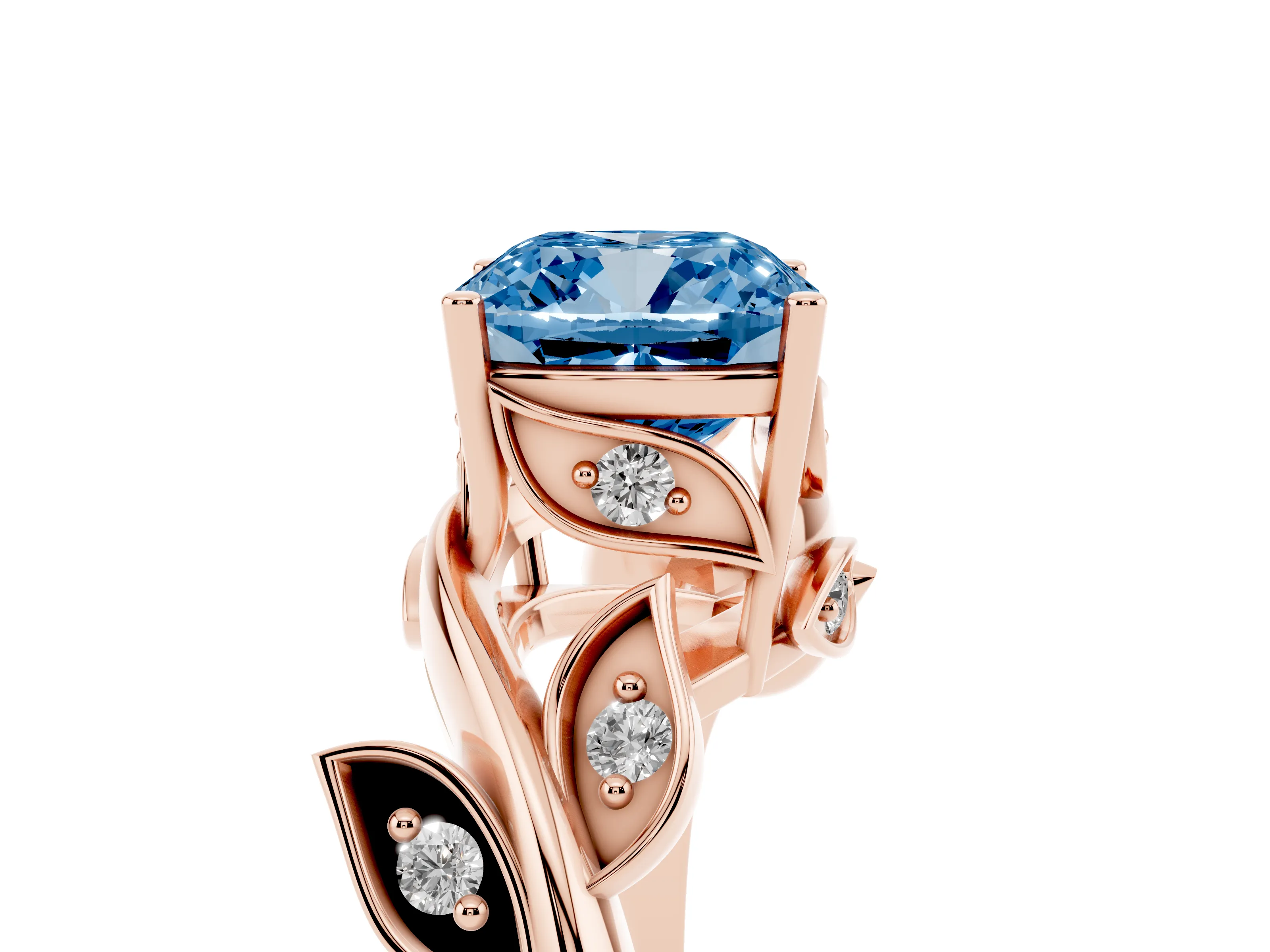 Fancy Blue Cushion Cut Diamond Solitaire Twist Engagement Ring Set in Rose gold with Pavé Leaf Accents