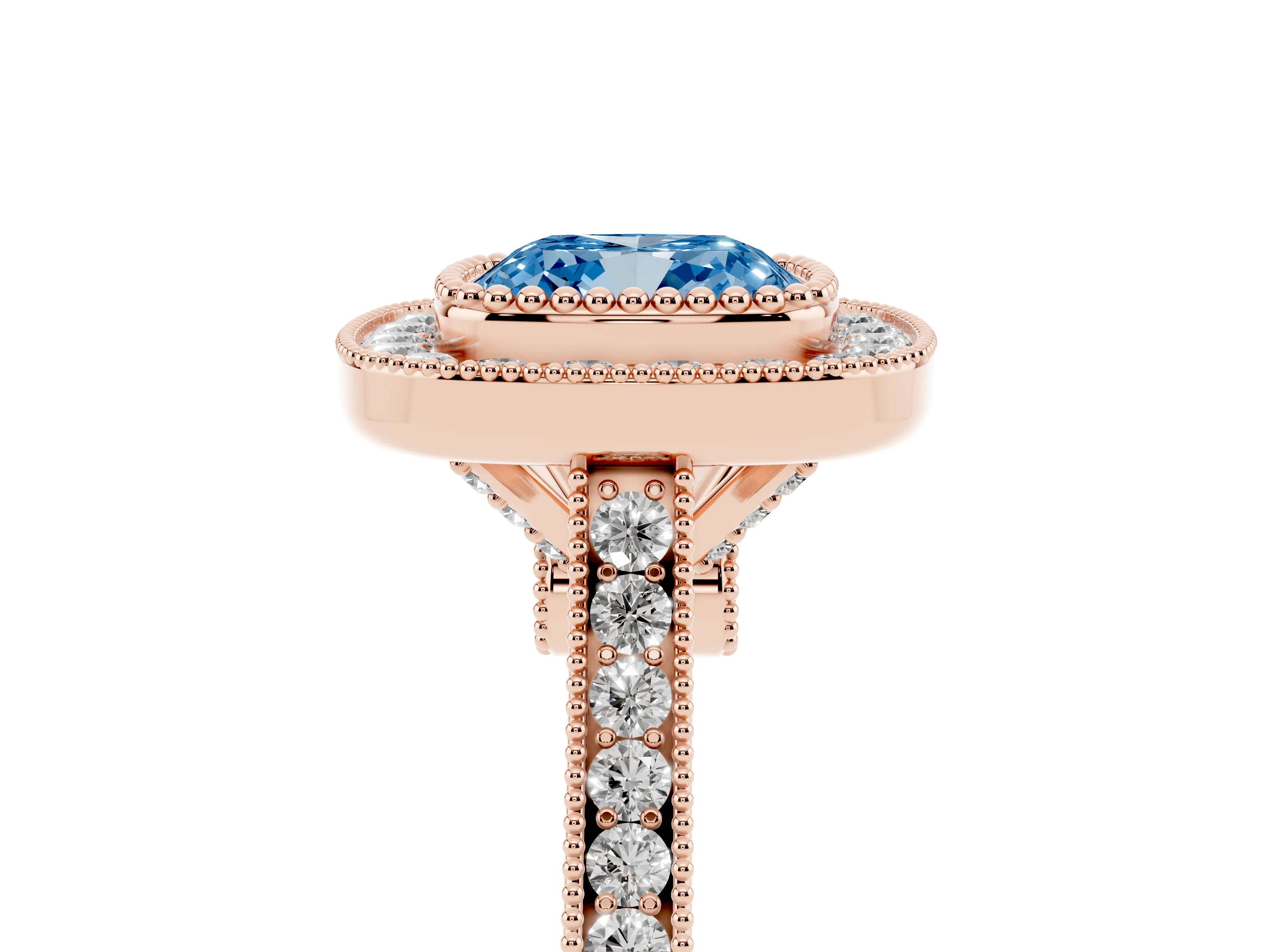 Fancy Blue Cushion Cut Diamond Halo Ring Set in Rose gold with Milgrain Frame and Pavé Band